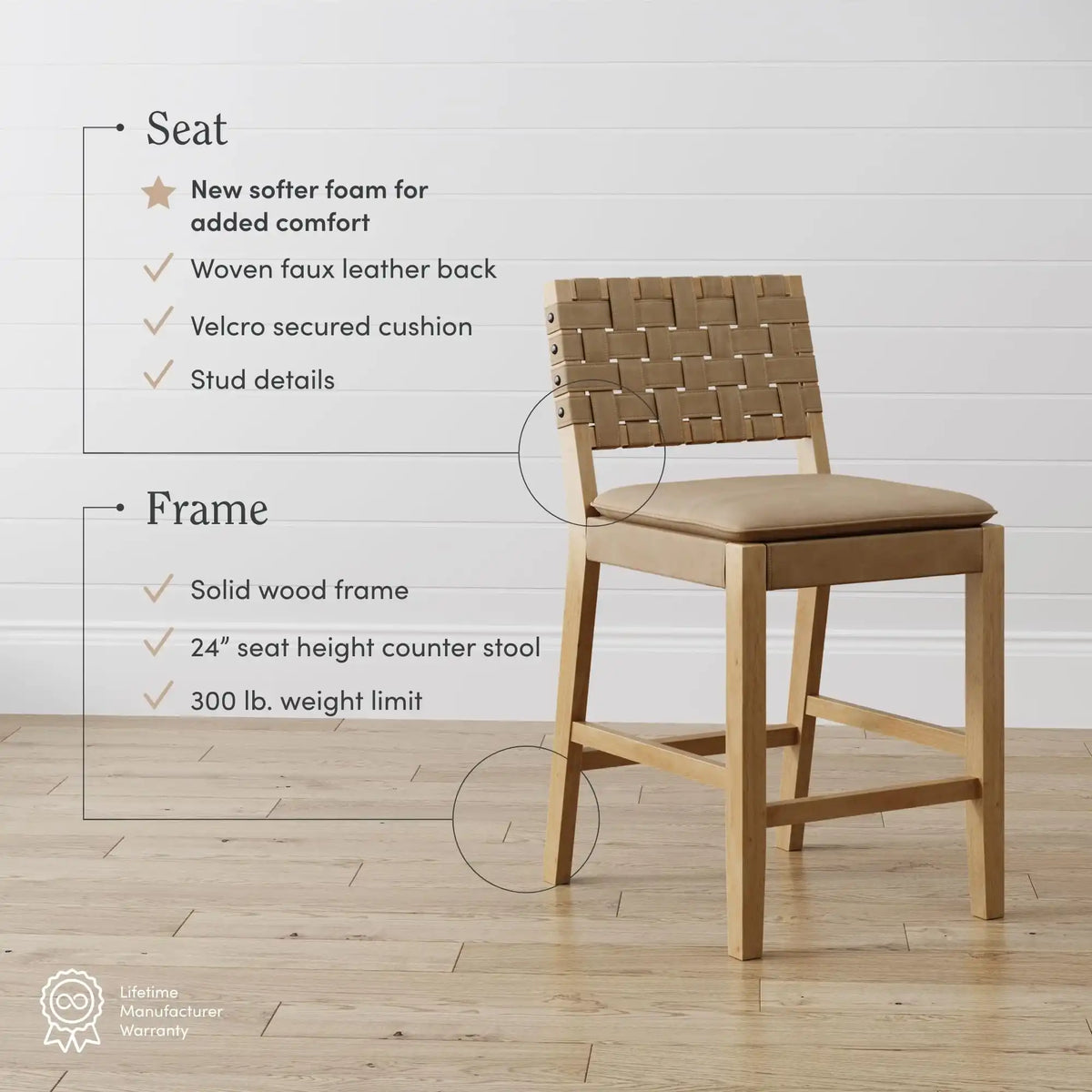 Nathan James Cohen Mid-Century Modern Leather Bar Stool, Counter Height Chair in Solid Wood Frame with