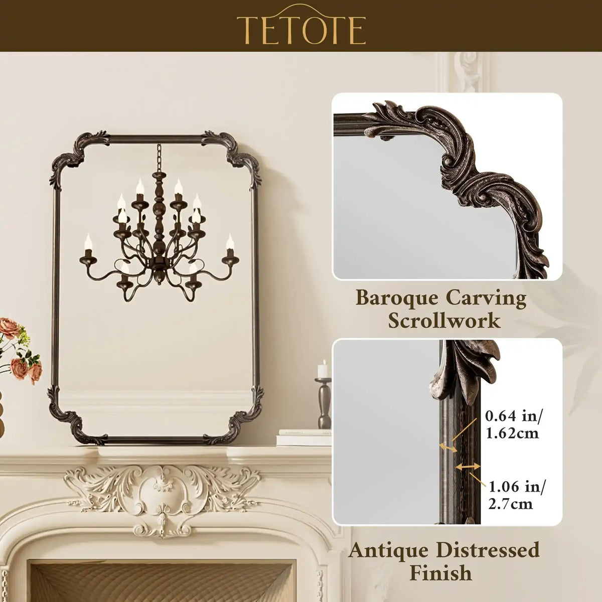 Antique Bronze Rectangle Mirror for Mantle Fireplace 30 x 36 Baroque Vintage Ornate Scroll Wall Mirror with