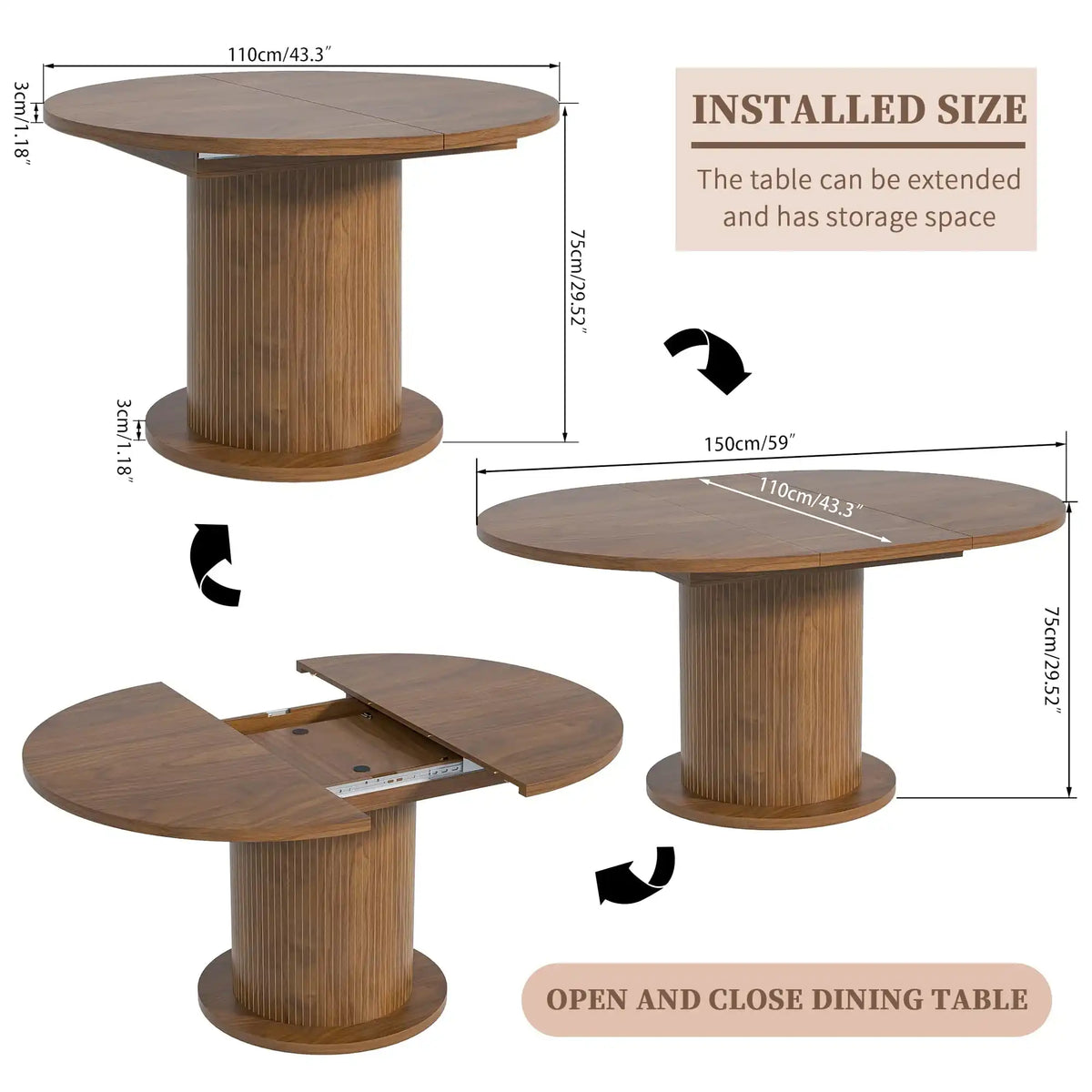 43.3 inch 59 inch Adjustable Size Round Dining Table for 4 6, Unique Design Modern Farmhouse Kitchen Table