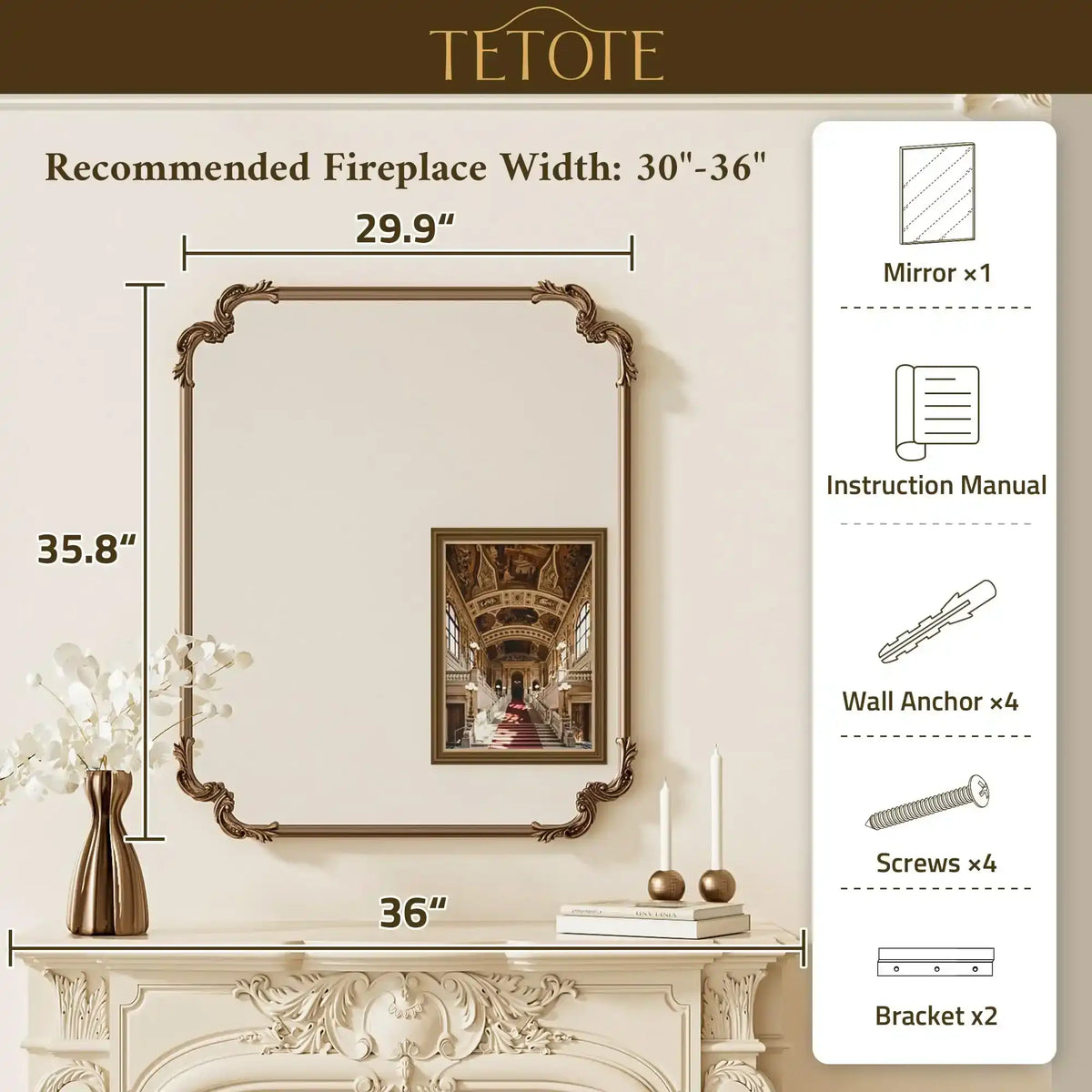 Antique Bronze Rectangle Mirror for Mantle Fireplace 30 x 36 Baroque Vintage Ornate Scroll Wall Mirror with