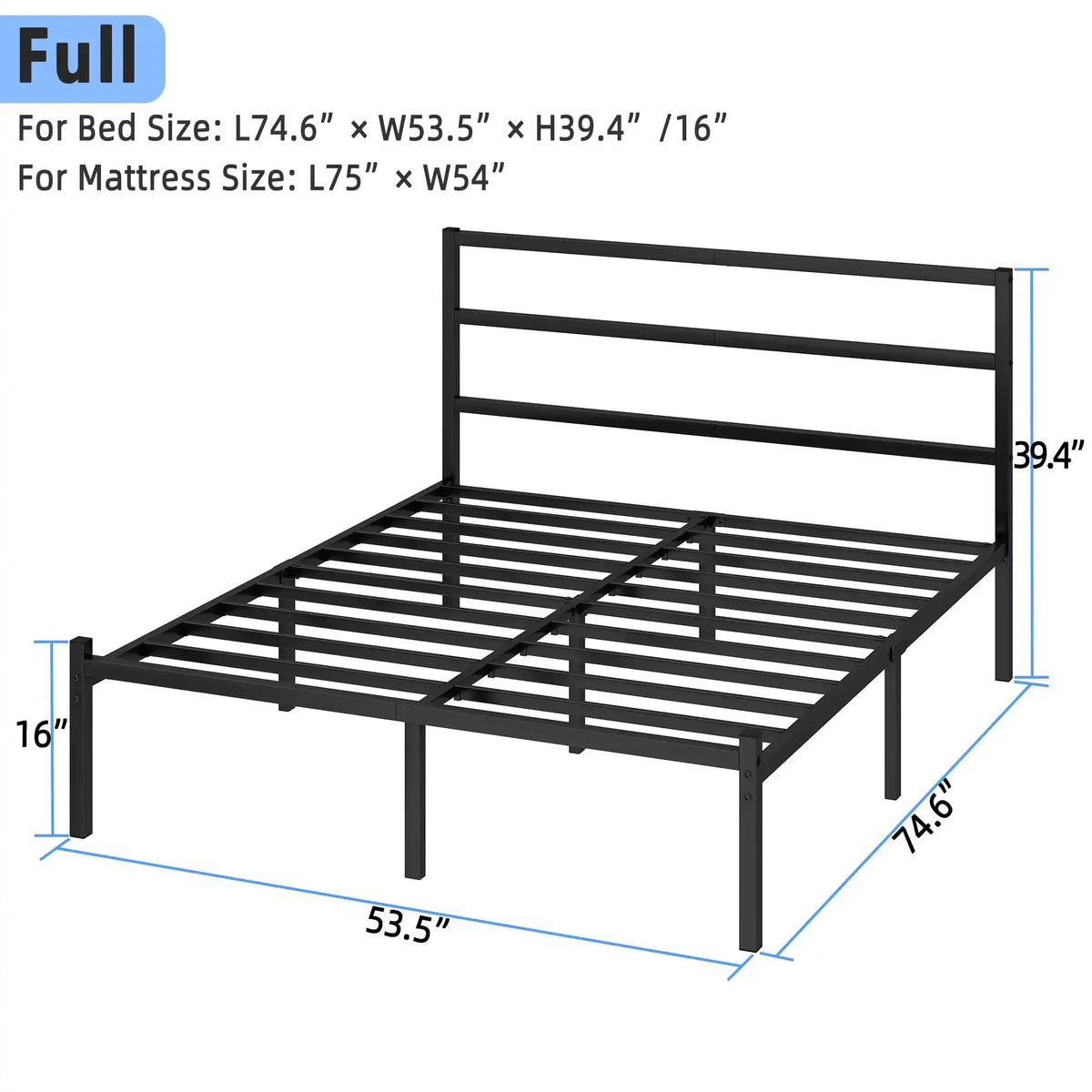 Full Size Bed Frame with Headboard and Footboard, 14 Inch Metal Platform Full Bed Frame with Steel Slat