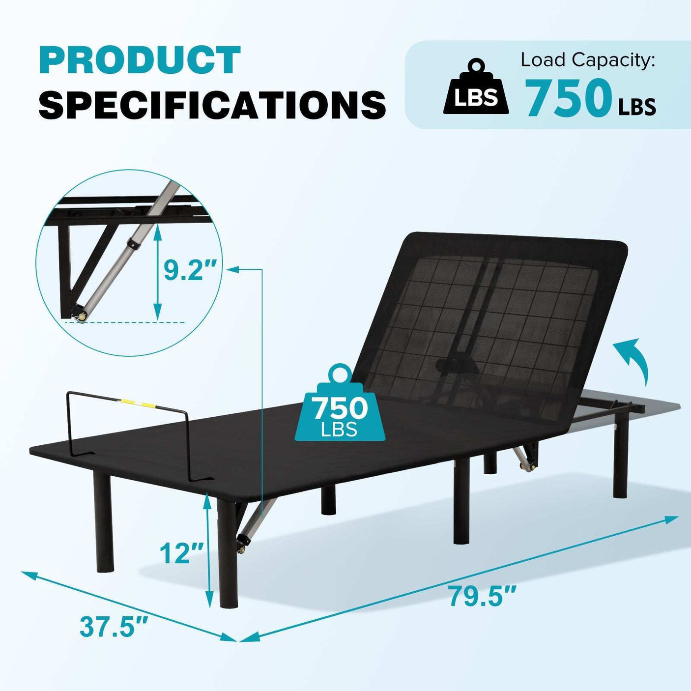 Adjustable bed frame with black metal finish, 750 lbs load capacity, dimensions 79.5x37.5x12 inches.