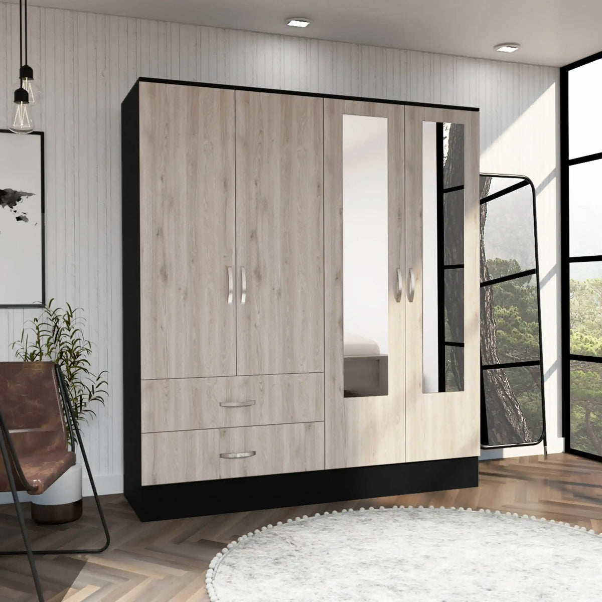 Double Wardrobe, Six Shelves, Hanging Rod, Two Mirrors, Two Drawers - Multicolor