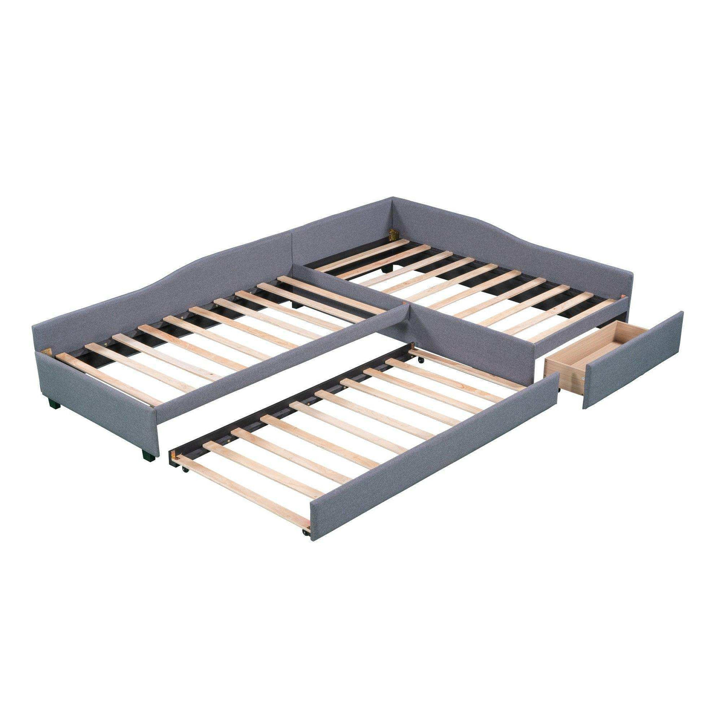 Double Twin Daybed with Trundle & Drawer, Upholstered Gray