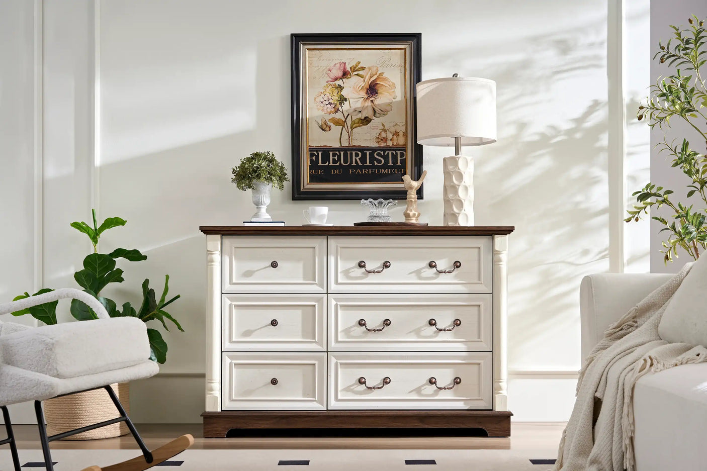 Farmhouse 6 Drawer Dresser, Chest with Base, Wooden Rustic, Organizer