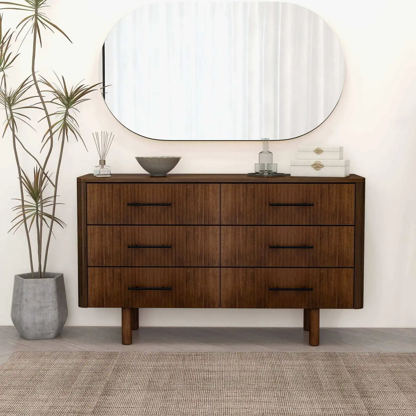 Logan 6 Drawer Dresser, Mid Century Modern, Solid Wood, Walnut Brown