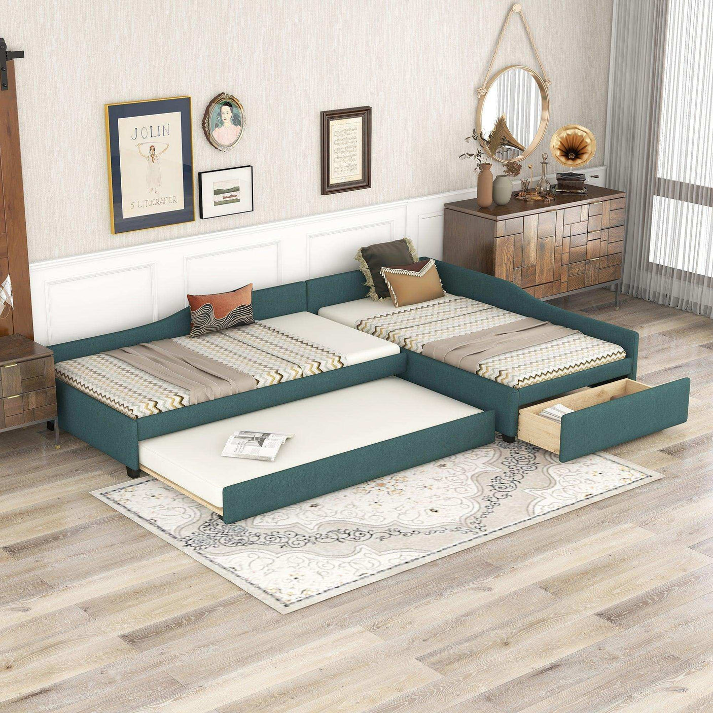Double Twin Daybed with Trundle & Drawer, Upholstered Green