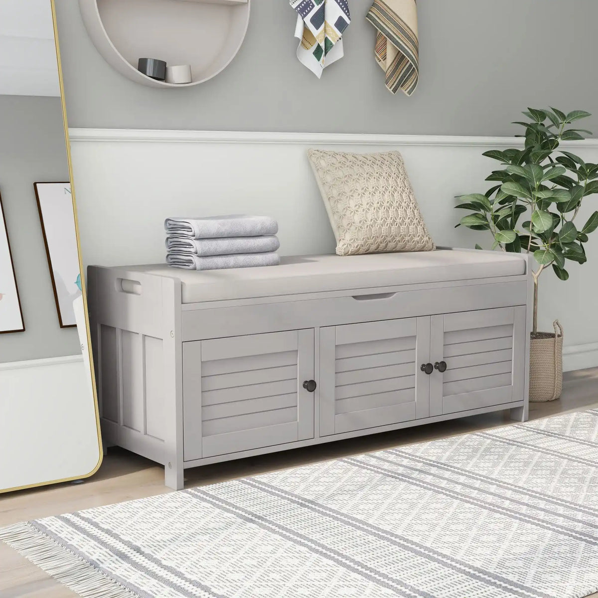 Storage Bench, 3 Shutter-Doors, Shoe Organizer, Entryway - Gray Wash