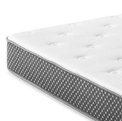 White memory foam mattress with quilted top and gray diamond-patterned sides