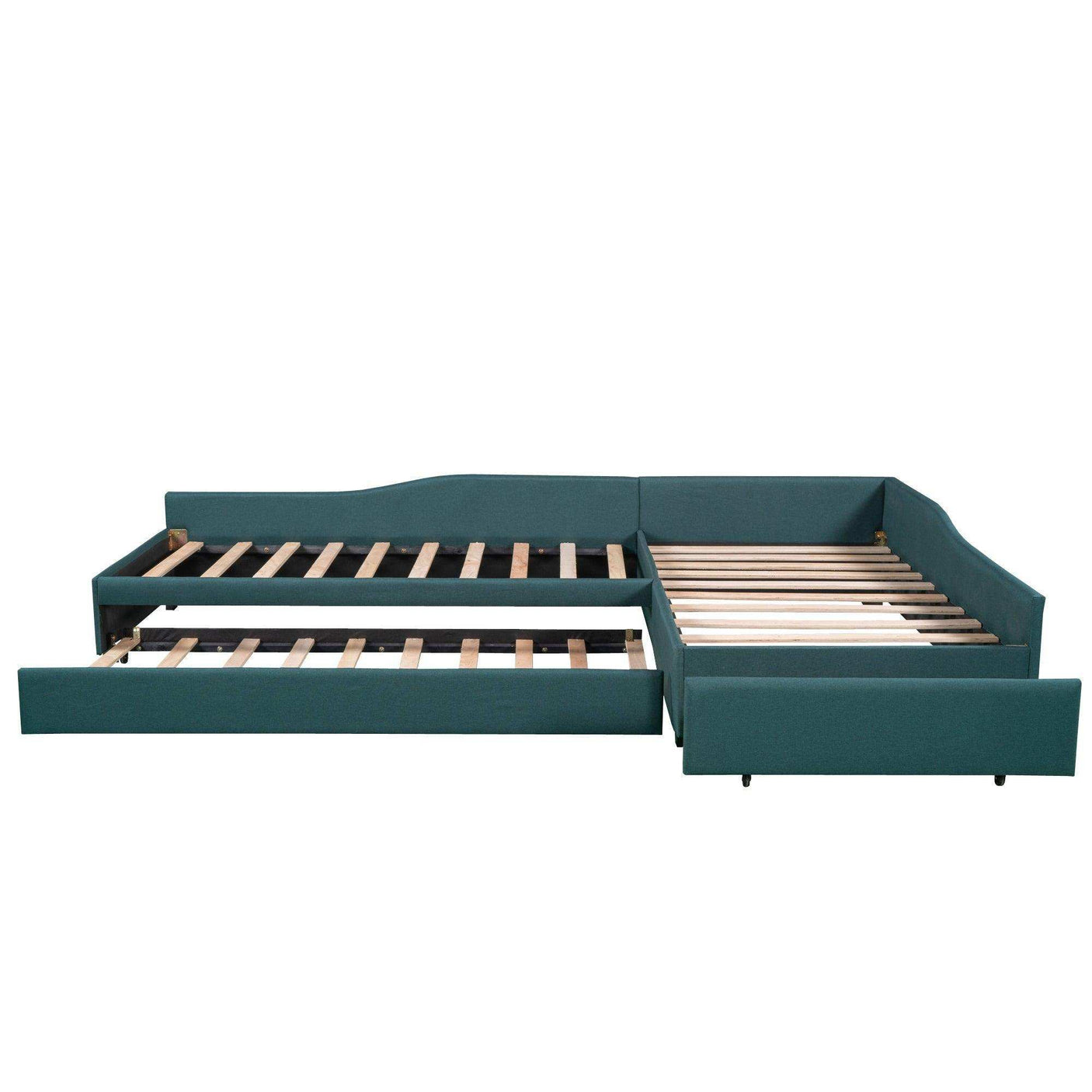 Double Twin Daybed with Trundle & Drawer, Upholstered Green