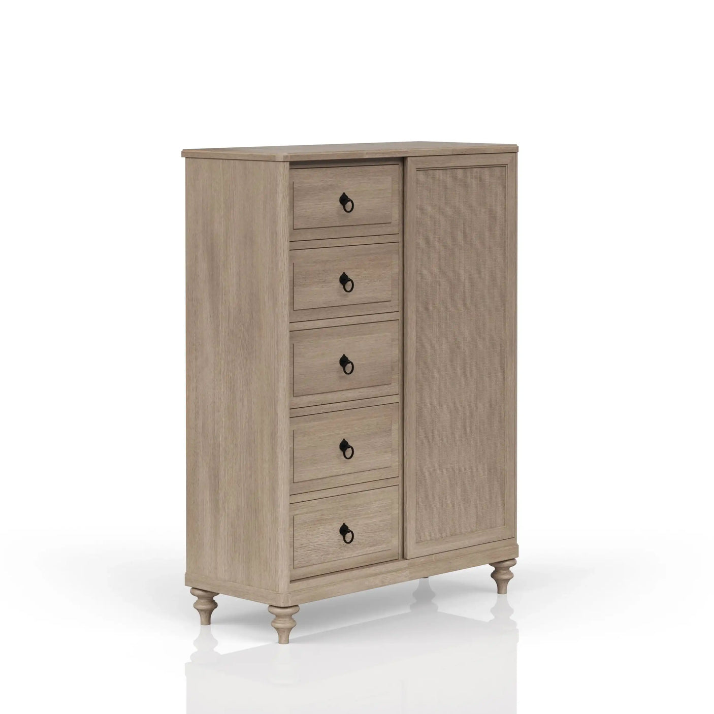 Light wood dresser with five drawers and a single cabinet door, modern bedroom furniture