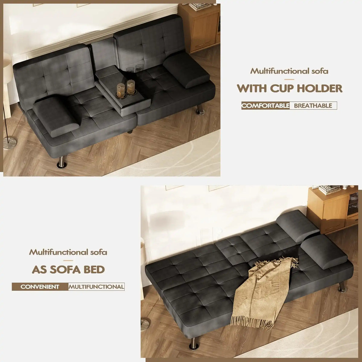 Black Linen Futon Sofa Bed, Futon Couch for Living Room