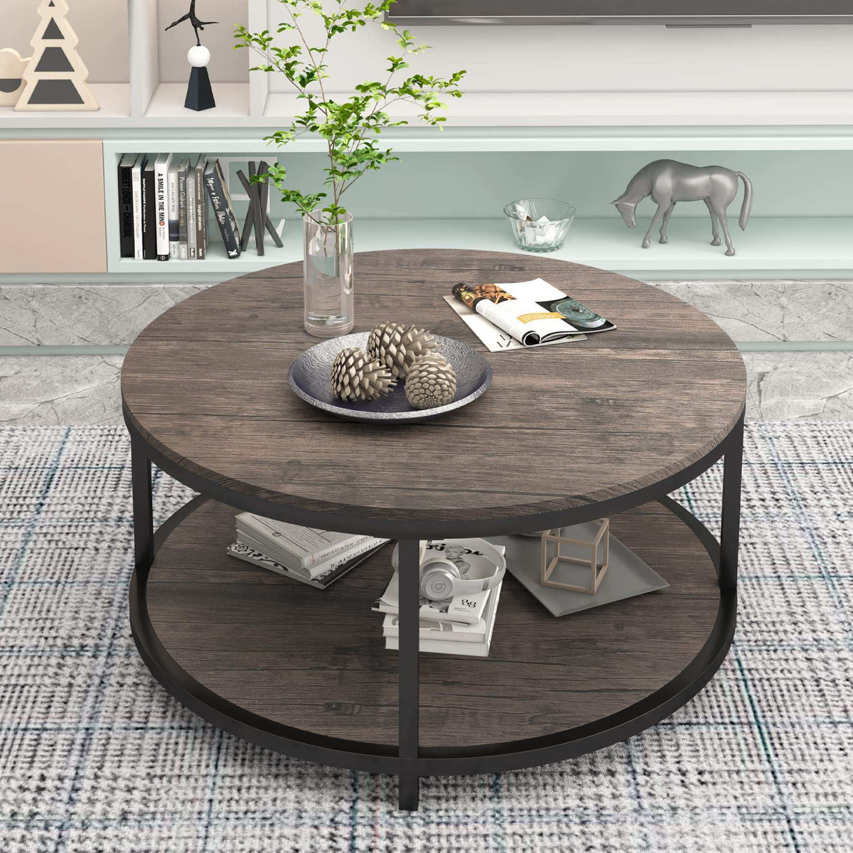 Round Coffee Table,36" Coffee Table for Living Room,2-Tier Rustic Wood Desktop with Storage Shelf Modern