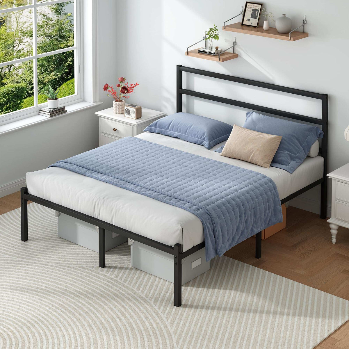 Full Size Bed Frame with Headboard and Footboard, 14 Inch Metal Platform Full Bed Frame with Steel Slat