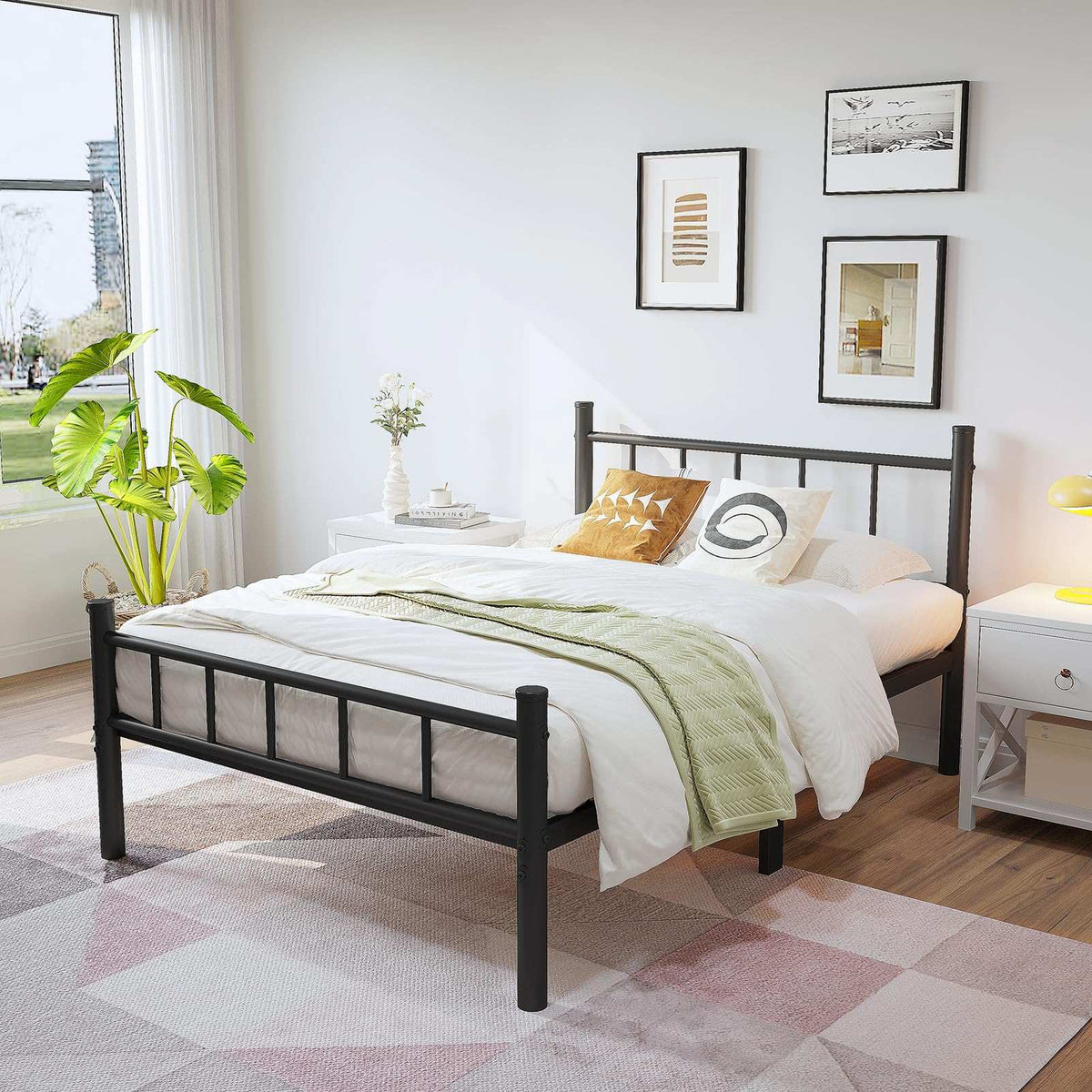 Twin-XL Size Bed Frame with Headboard and Footboard, Black