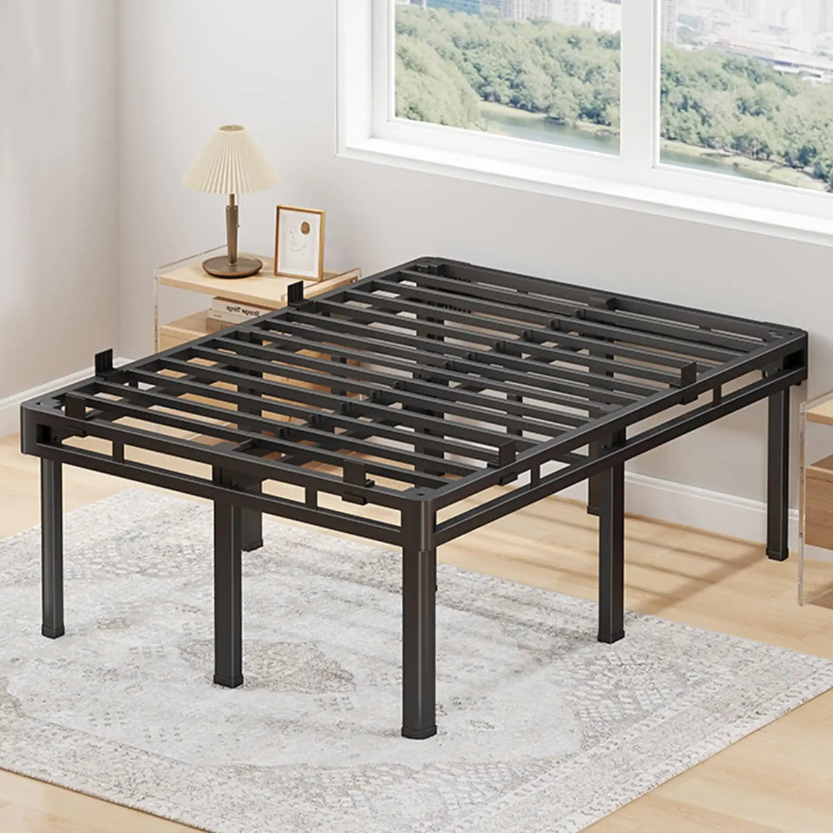 24 inch HIgh Queen Bed Frame with Rounded Legs, Double Layer Design