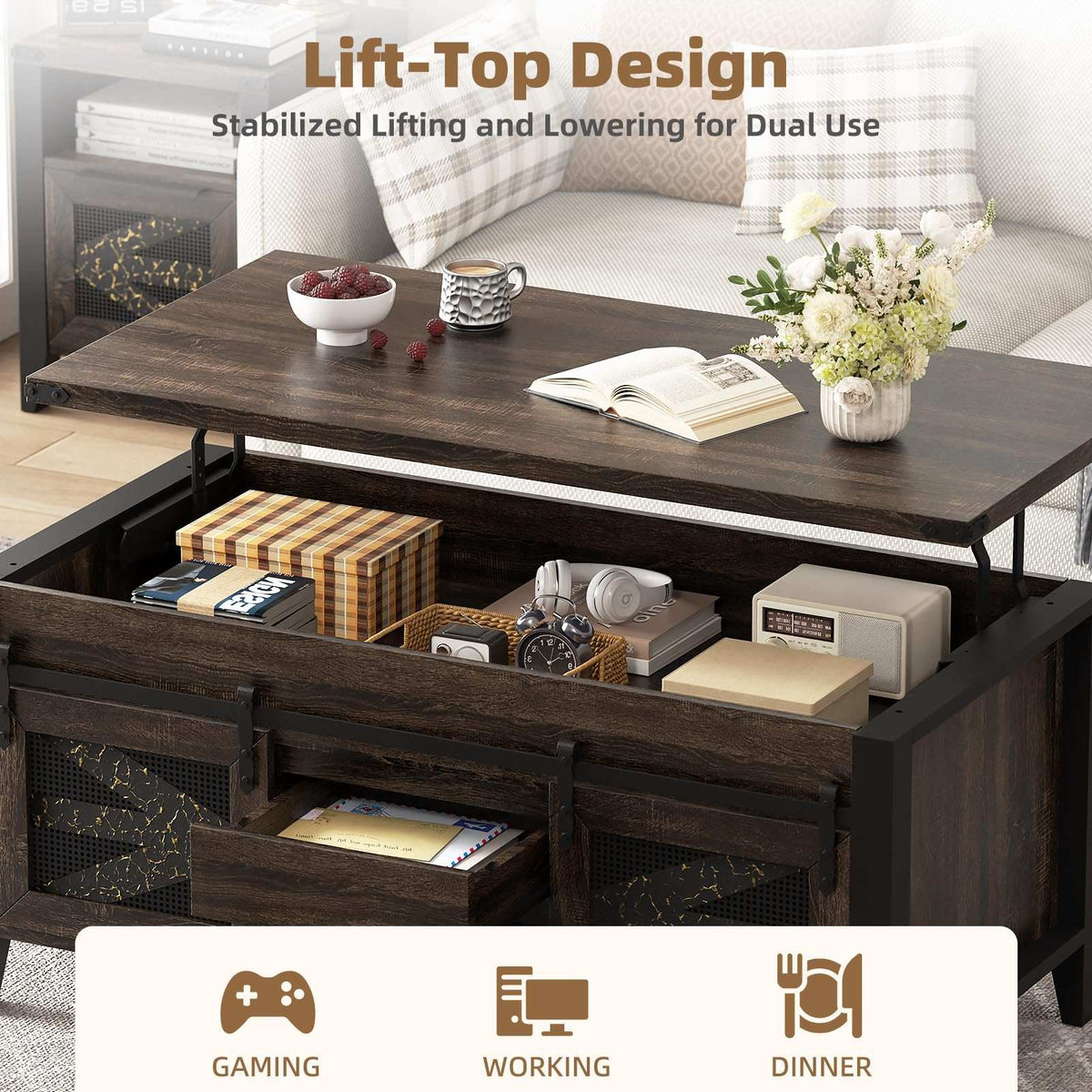 47.2" Lift Top Coffee Table with Hidden Compartment, Storage Drawers & Sliding Barn Doors