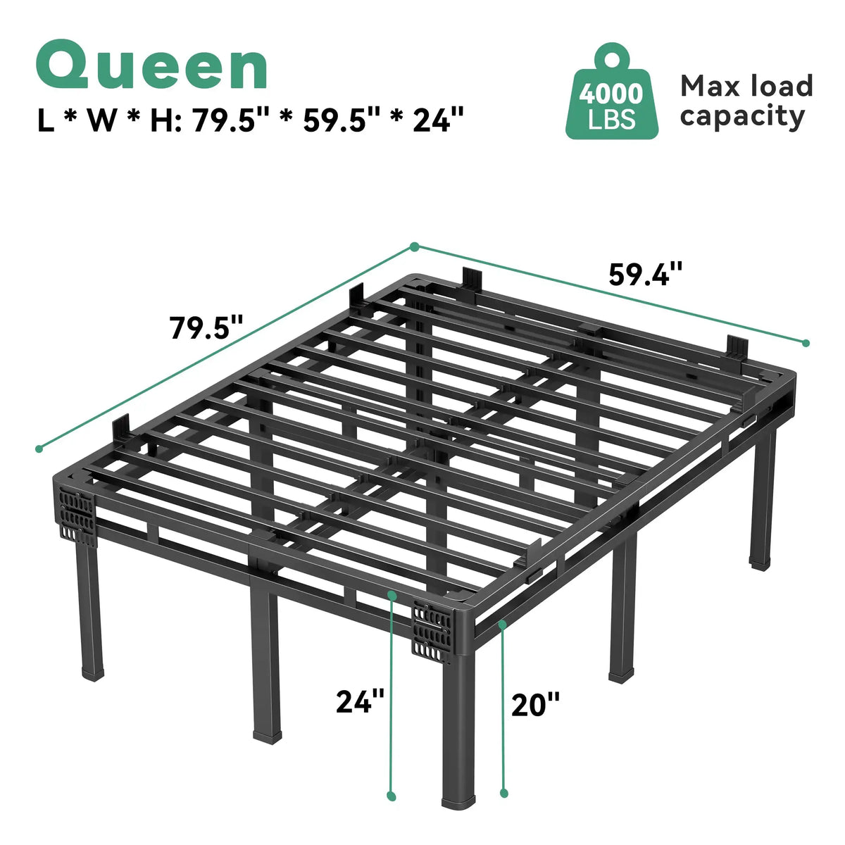24 inch HIgh Queen Bed Frame with Rounded Legs, Double Layer Design