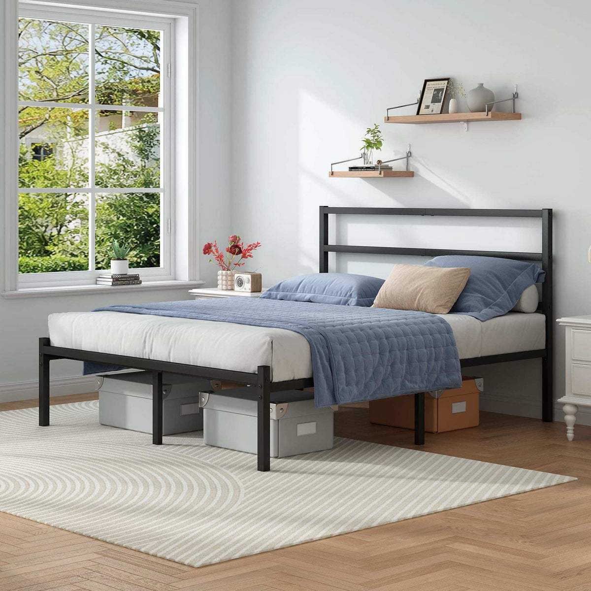 Full Size Bed Frame with Headboard and Footboard, 14 Inch Metal Platform Full Bed Frame with Steel Slat