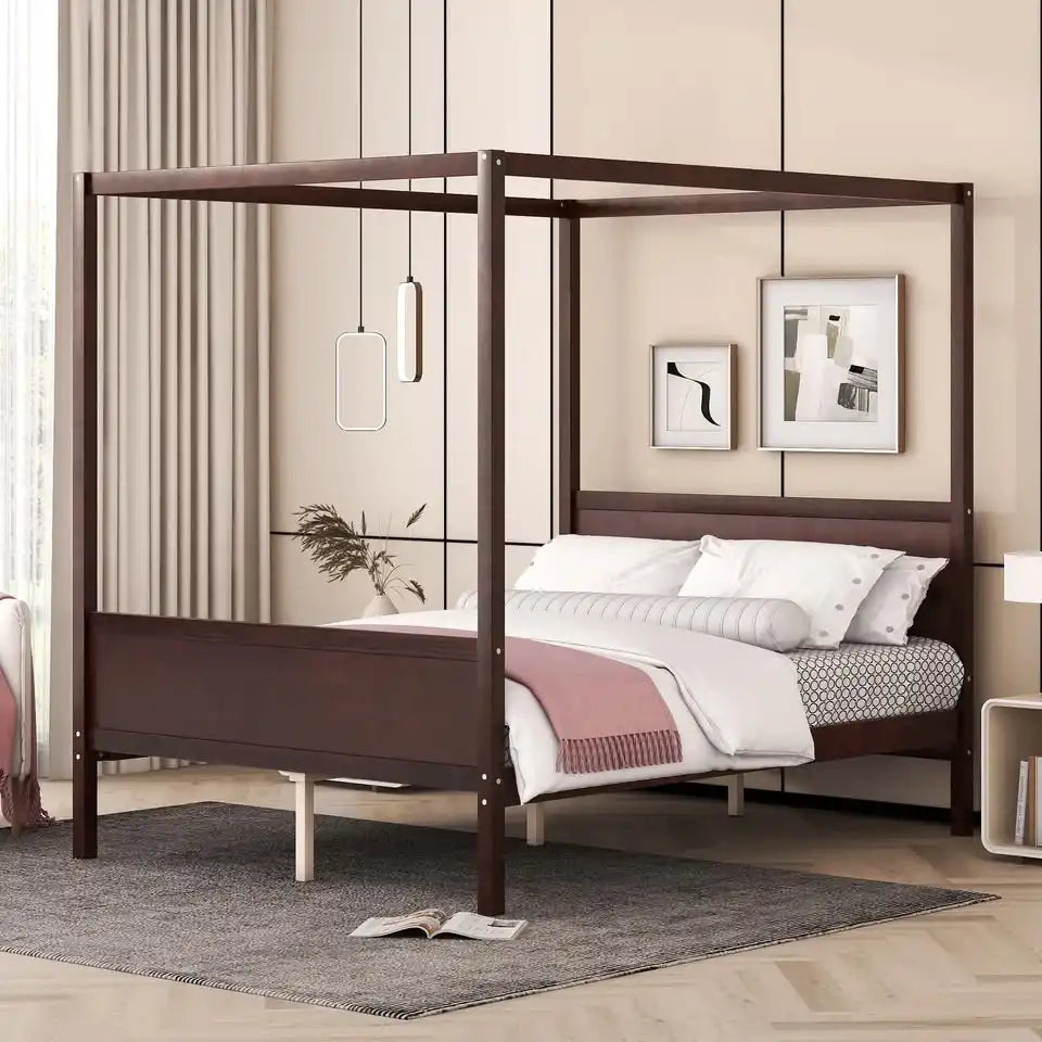 Queen Canopy Bed Frame — Espresso, Headboard & Footboard, New in Box