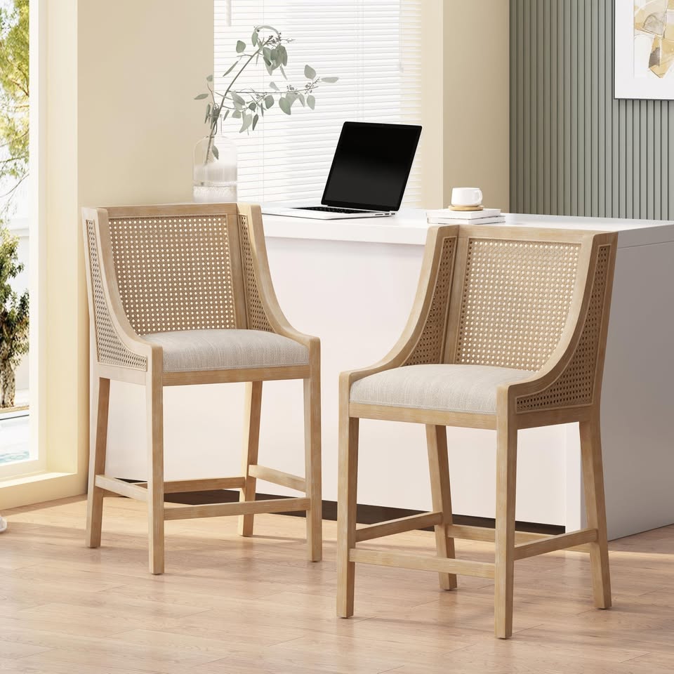 Merax Wood & Cane Counter Stools 25.5" — 2 SETS (4 stools), Beige, New