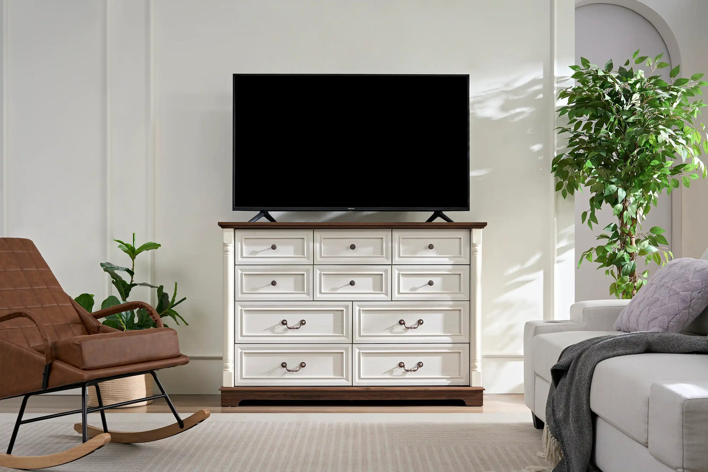 Rustic Storage Dresser, 10 Drawer Chest, Wooden Base and Riser Trim