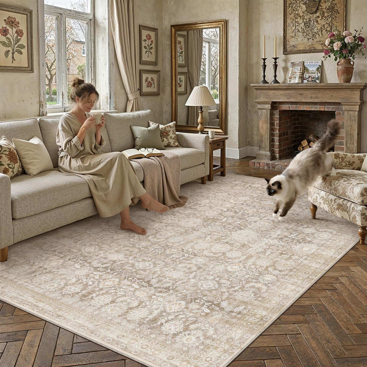 2-pack of WondRg 10x12 Beige Washable Area Rug Non Slip Neutral Distressed Carpet