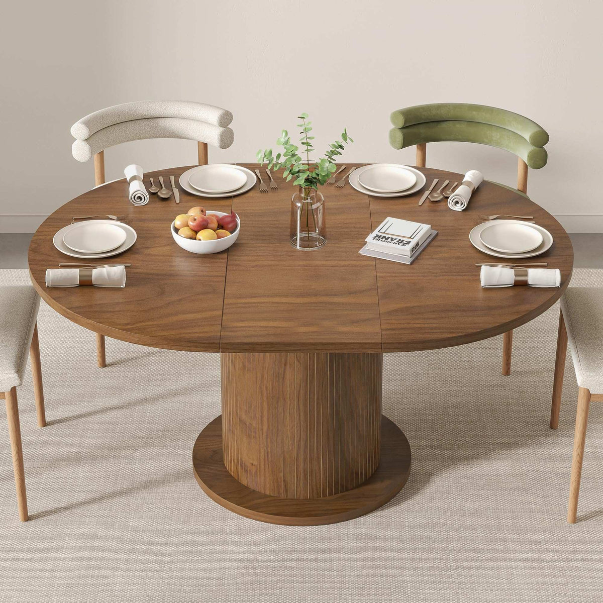 43.3 inch 59 inch Adjustable Size Round Dining Table for 4 6, Unique Design Modern Farmhouse Kitchen Table