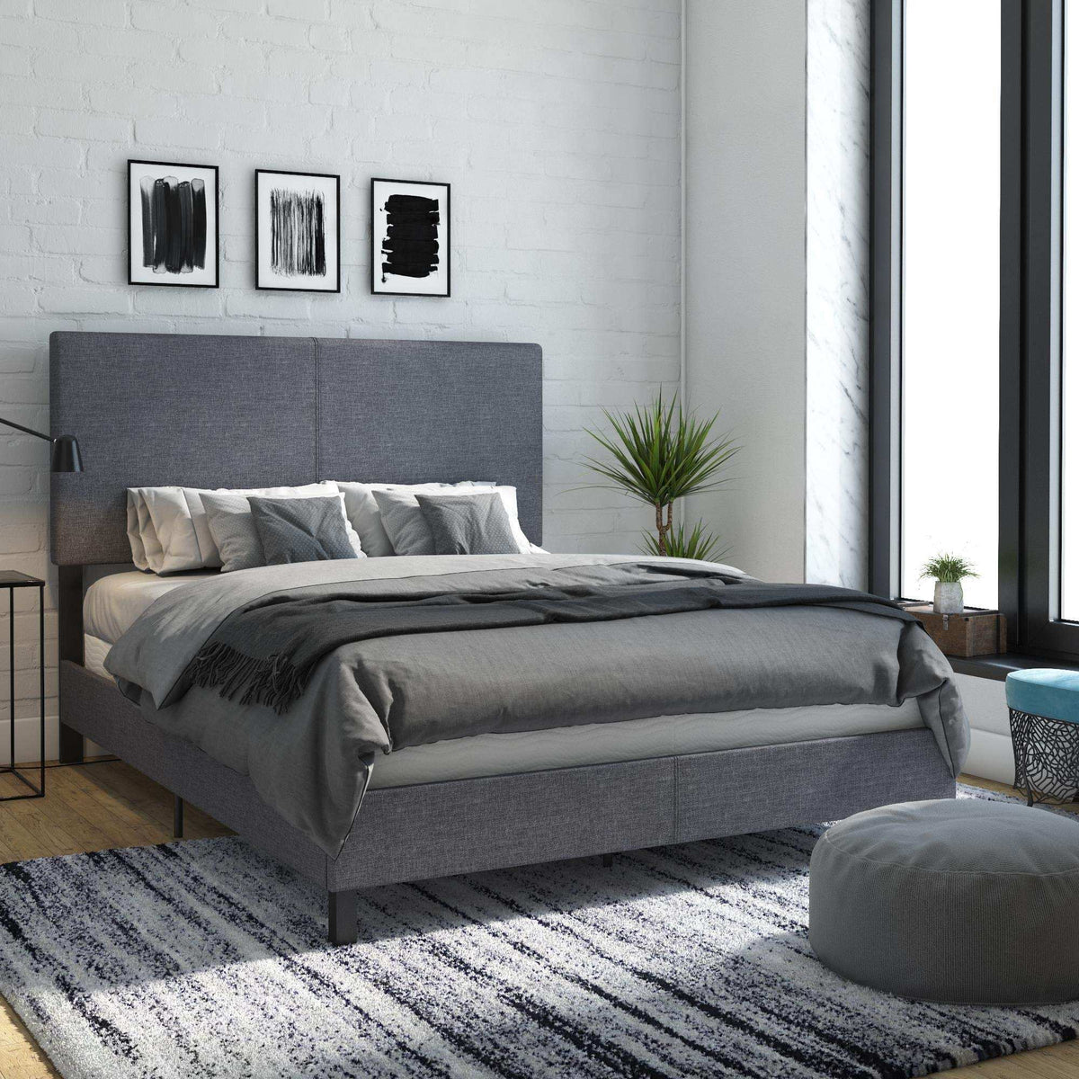 DHP Janford Upholstered Bed, Chic Grey Linen Platform Queen Bed with Modern Headboard