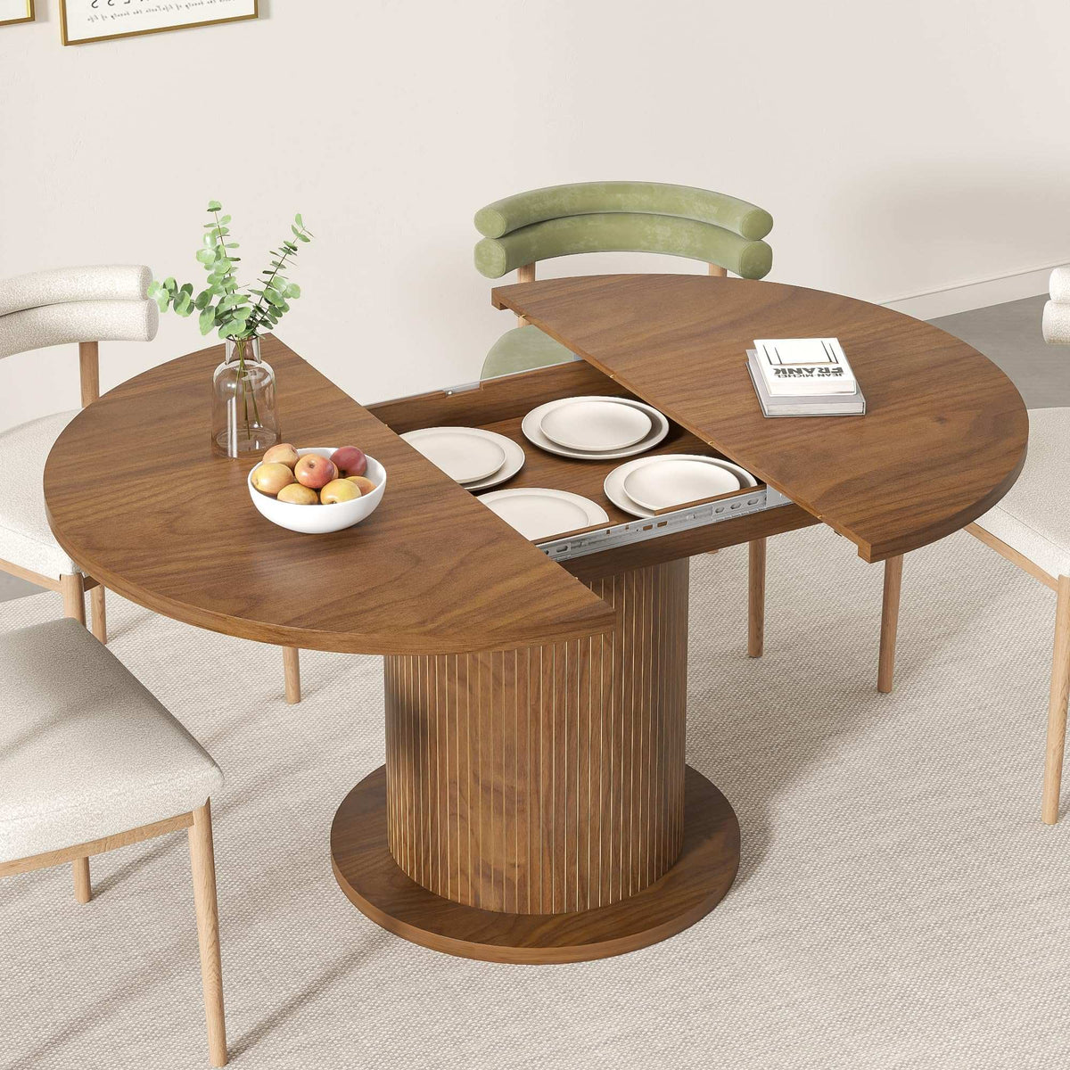 43.3 inch 59 inch Adjustable Size Round Dining Table for 4 6, Unique Design Modern Farmhouse Kitchen Table