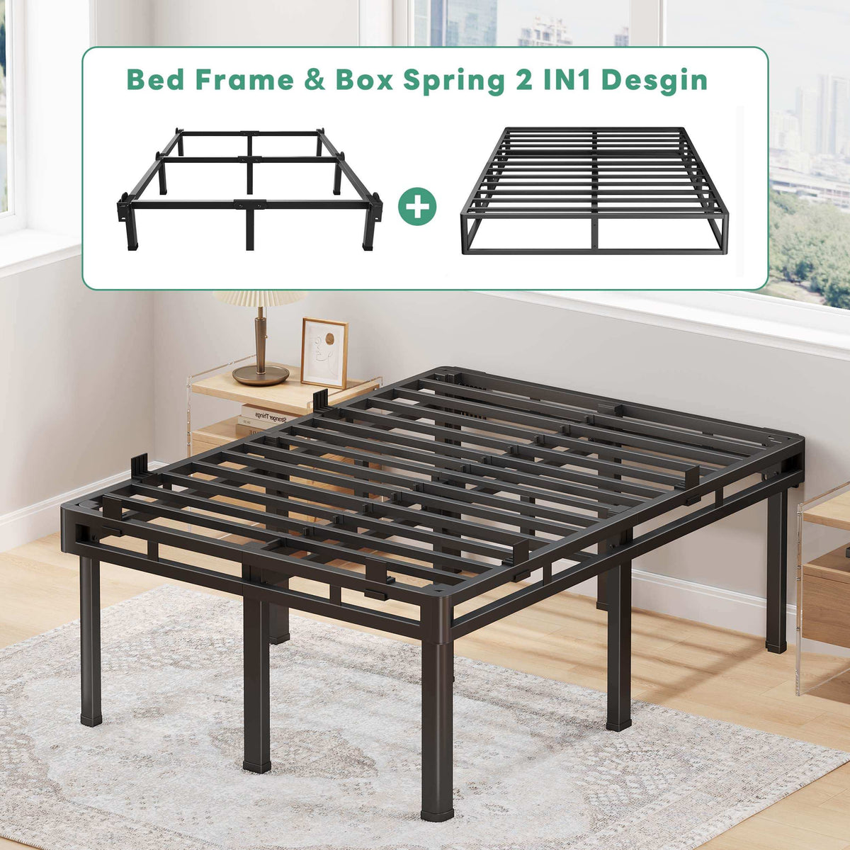 24 inch HIgh Queen Bed Frame with Rounded Legs, Double Layer Design