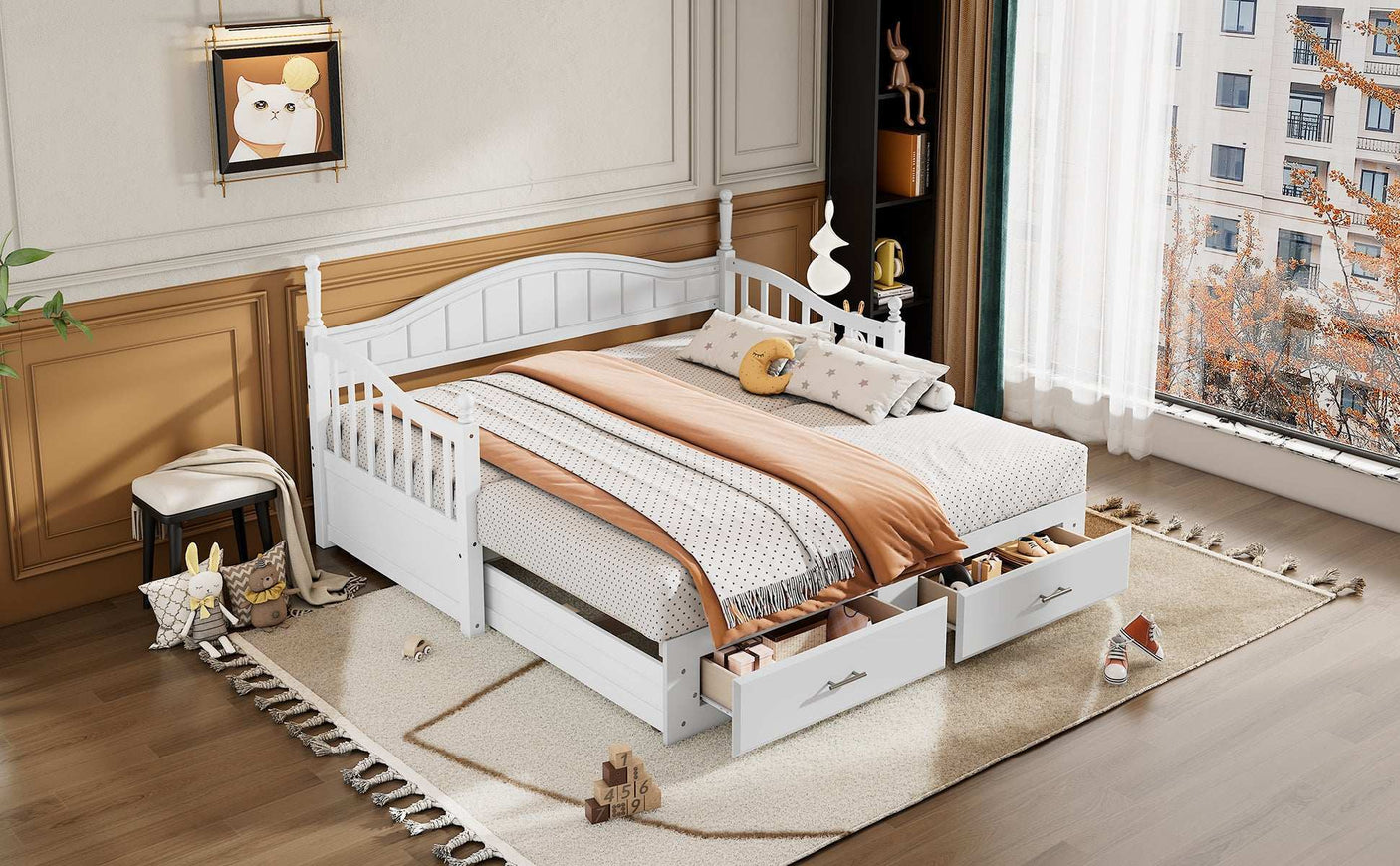 Twin Daybed, Extends to King Size, Trundle with Two Drawers, White