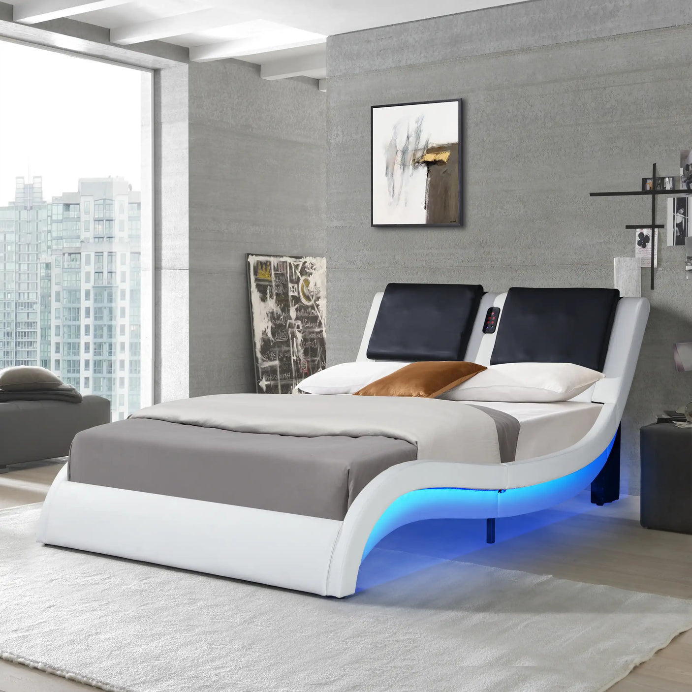 Queen Smart Bed, Faux Leather, LED, Massage, Bluetooth Speakers, White