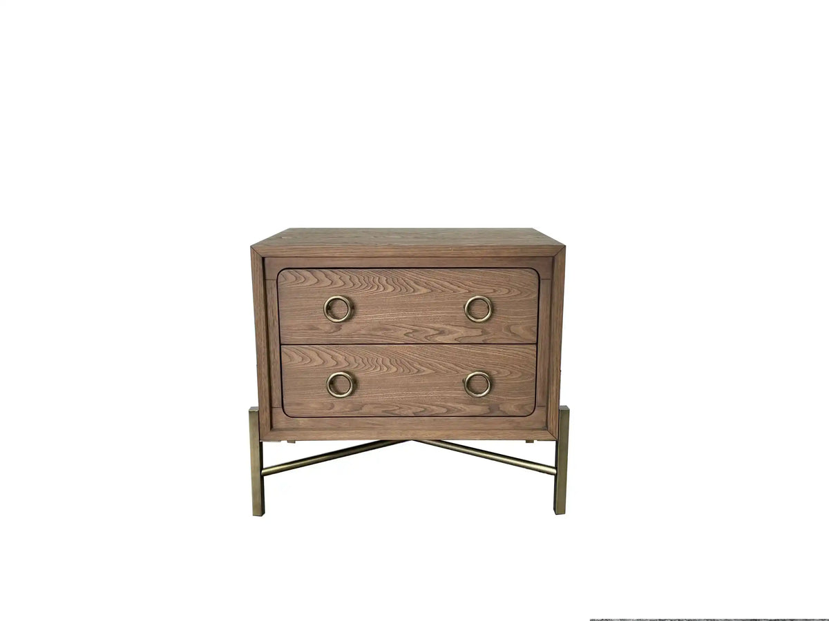 2 Drawer Nightstand, USB Charger, Modern Metal Base - Latte