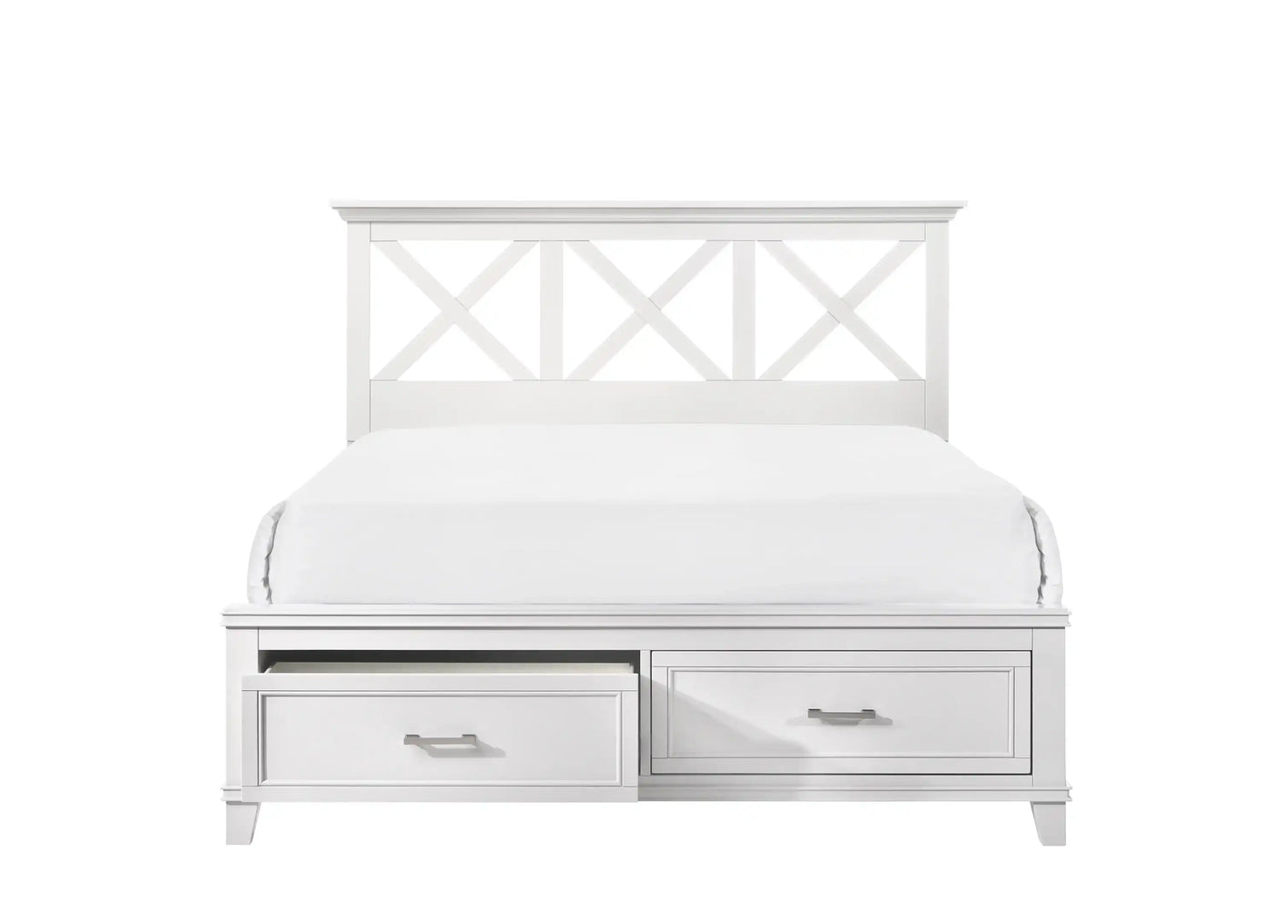 Queen Storage Bed, 2 Drawers, Modern X-Style Headboard, White