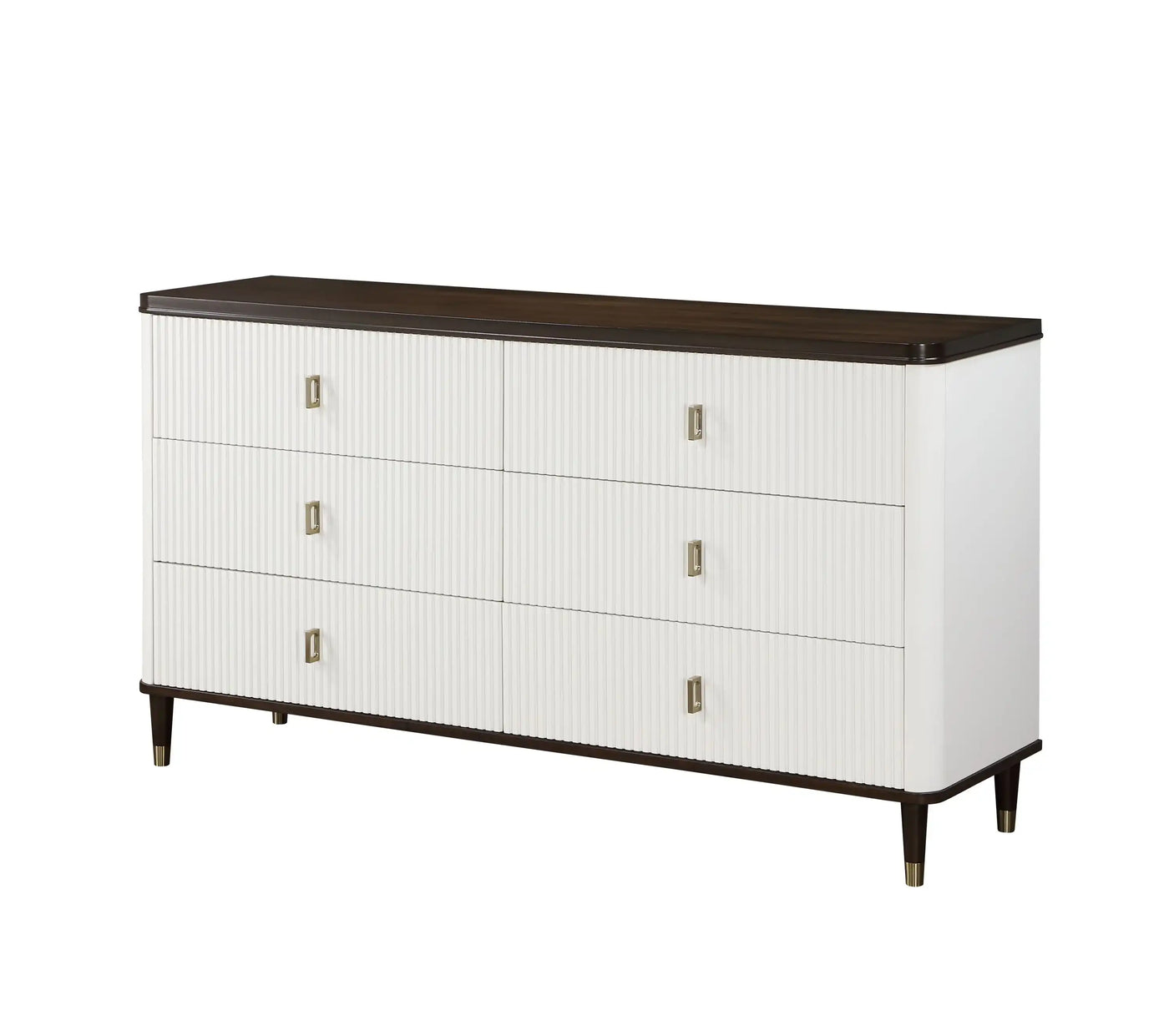 Modern white and brown dresser with six drawers, gold handles, ribbed front, wooden legs