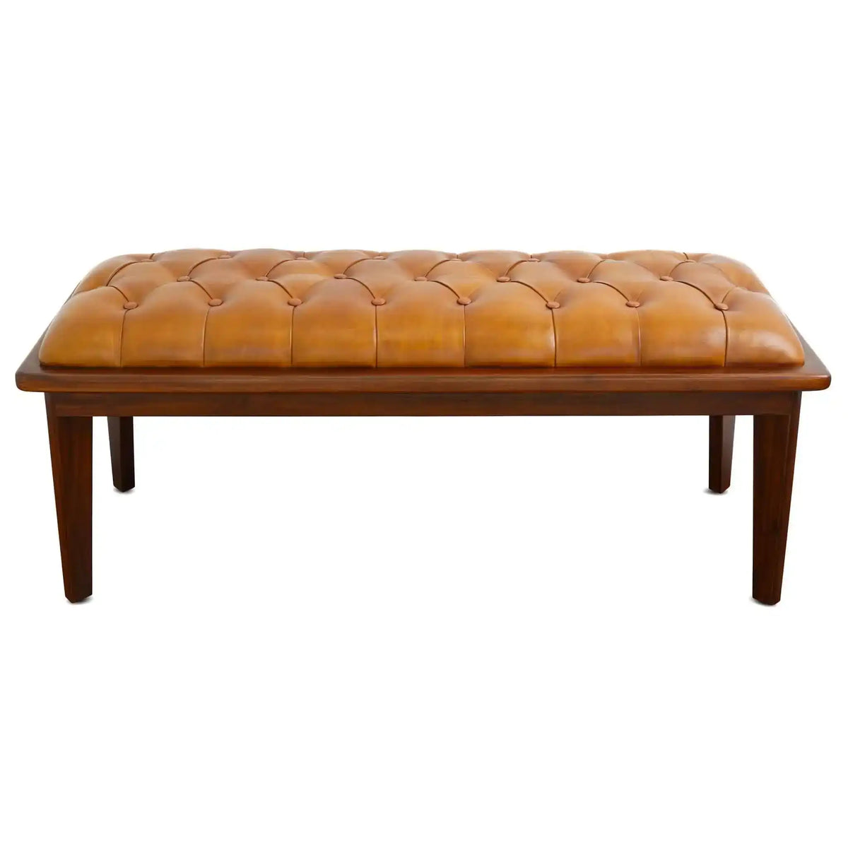 Arden Tan Leather Bench, Tufted with Buttons