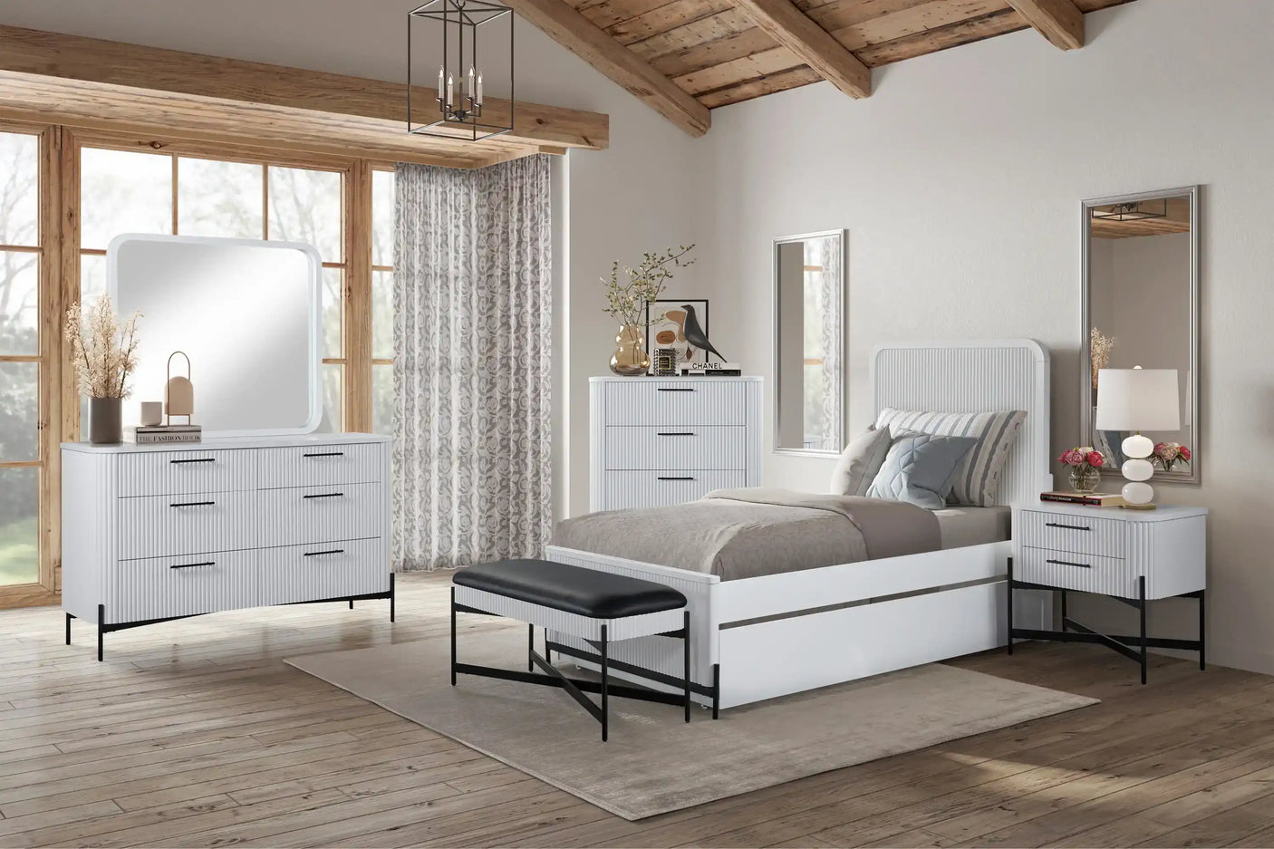 Modern bedroom with white panel bed, matching dresser, nightstand, and wood ceiling