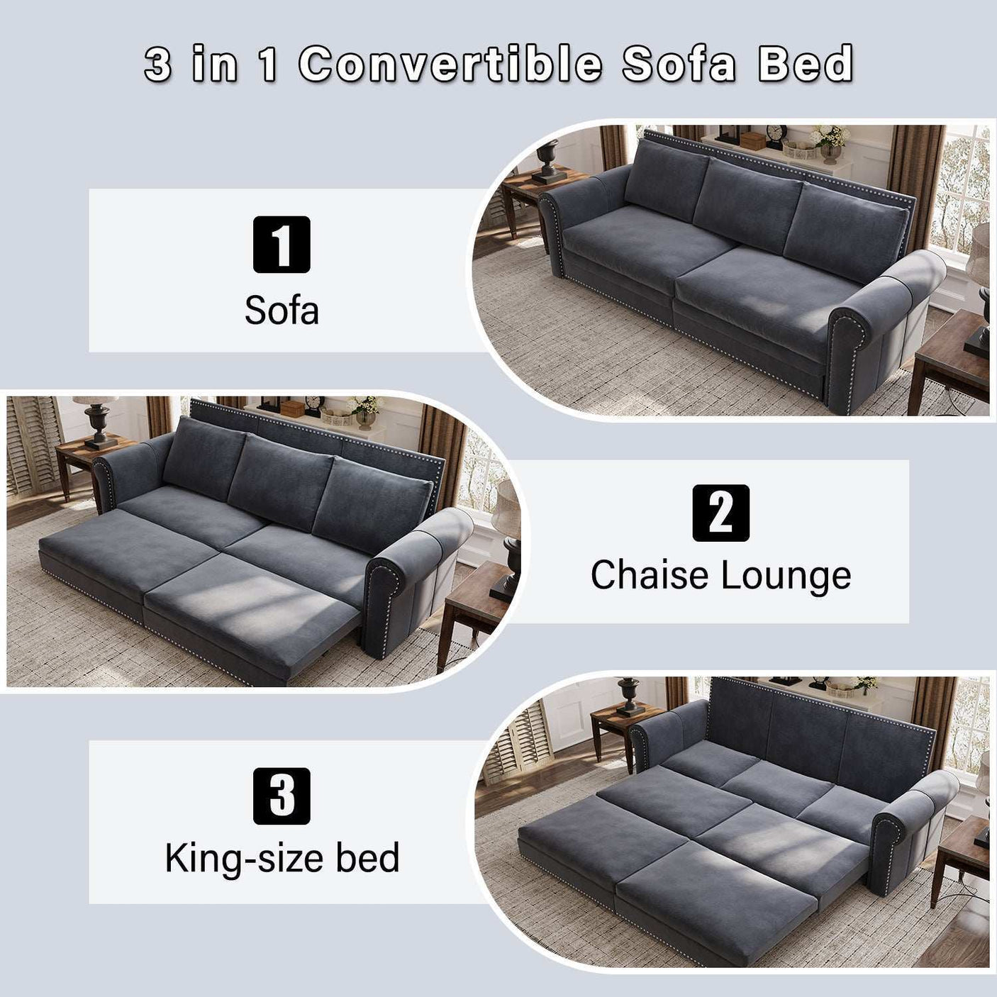 King Sleeper Sofa Bed 94", 3-in-1 Convertible in Velvet with Nailhead Trim