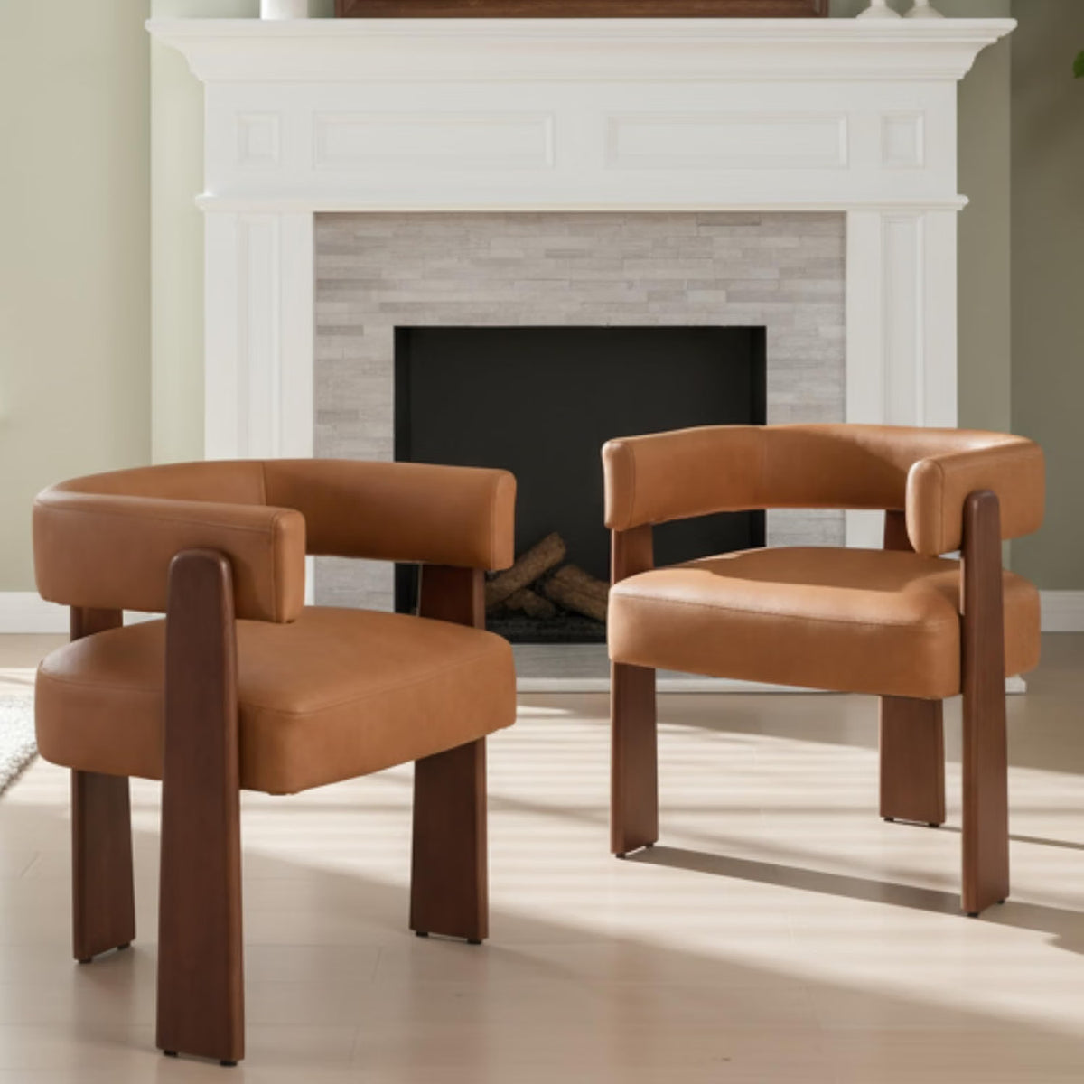 Modern Barrel Dining Chairs, PU Leather, Walnut Wood Legs (Set of 2)