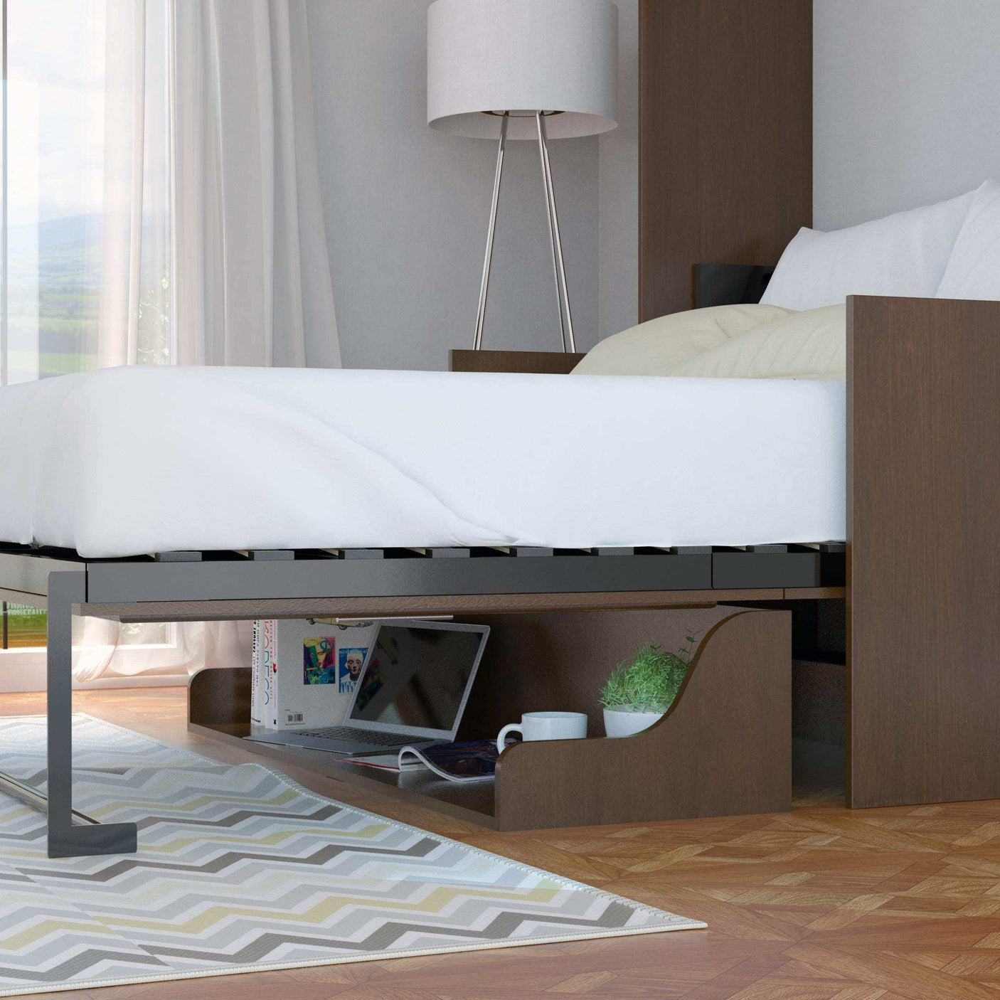 Modern wooden bed with underbed storage, laptop, books, and decor in bright bedroom