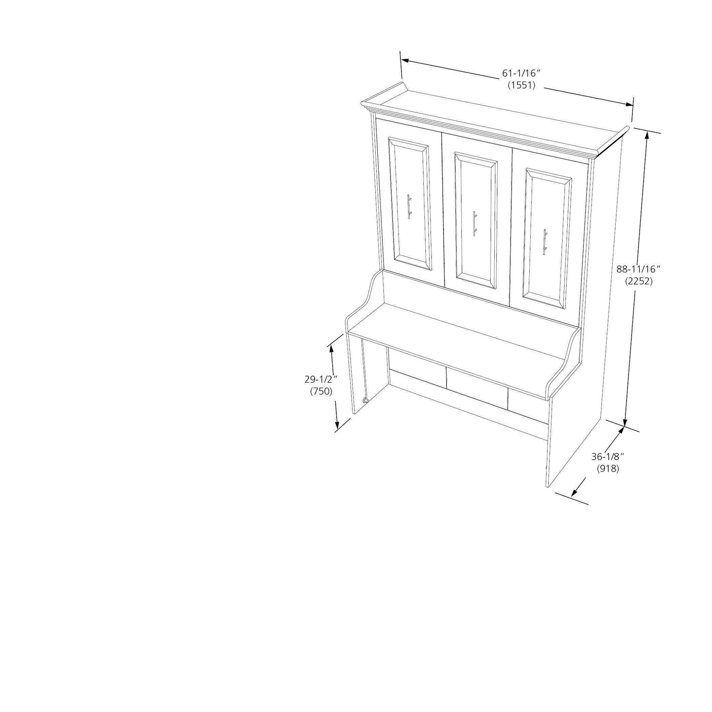 3-door hall tree with bench and storage, line drawing with measurements in inches and mm