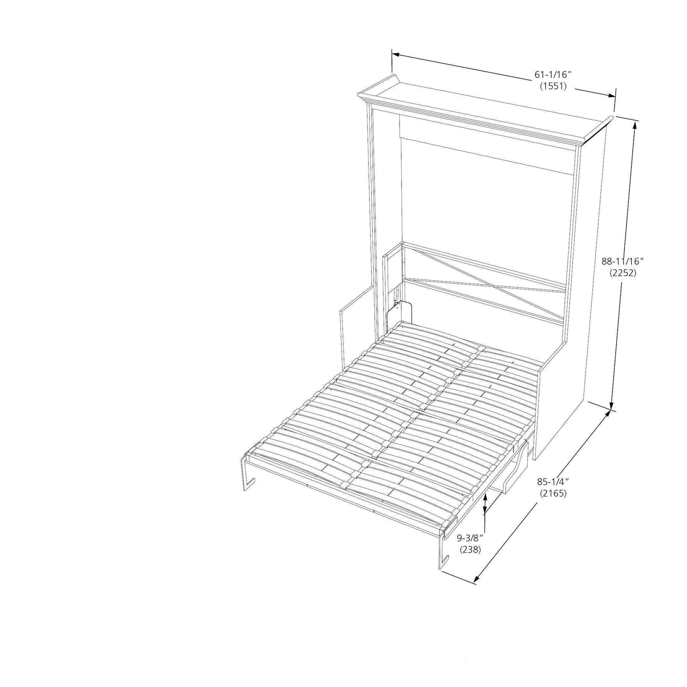 Murphy bed frame with slats, wall unit, and detailed dimension measurements in inches and millimeters