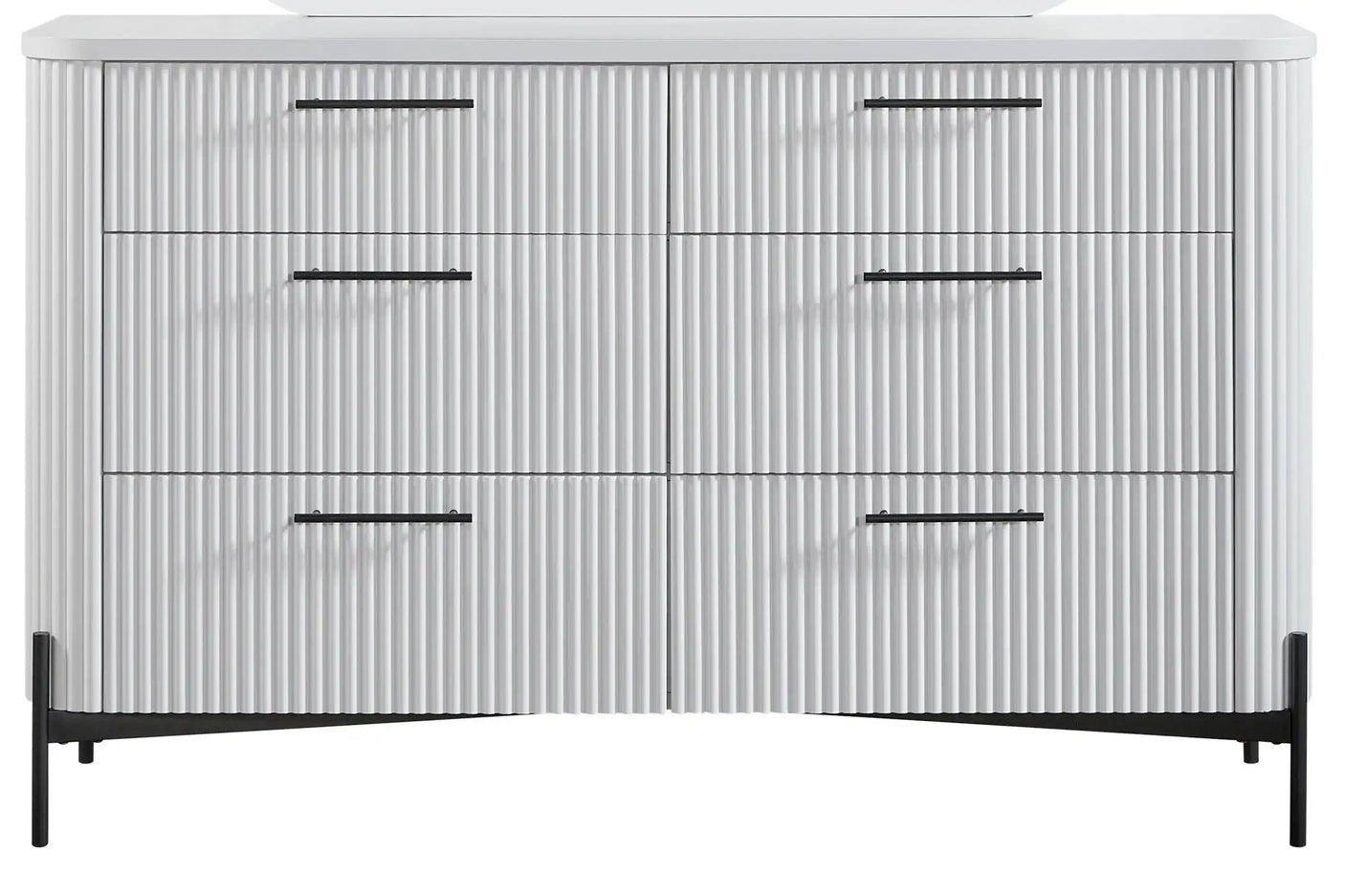 Modern white ribbed dresser with black handles and legs, three drawers, minimalist design