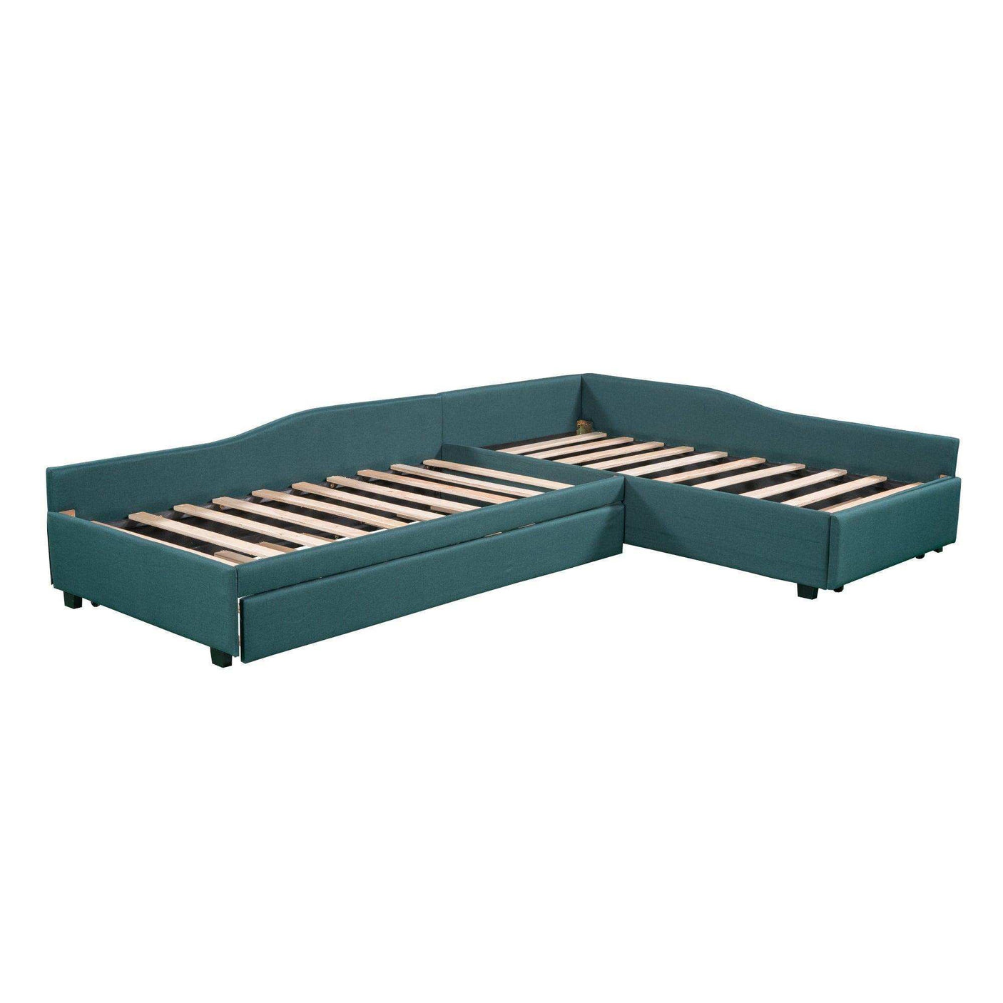 Double Twin Daybed with Trundle & Drawer, Upholstered Green