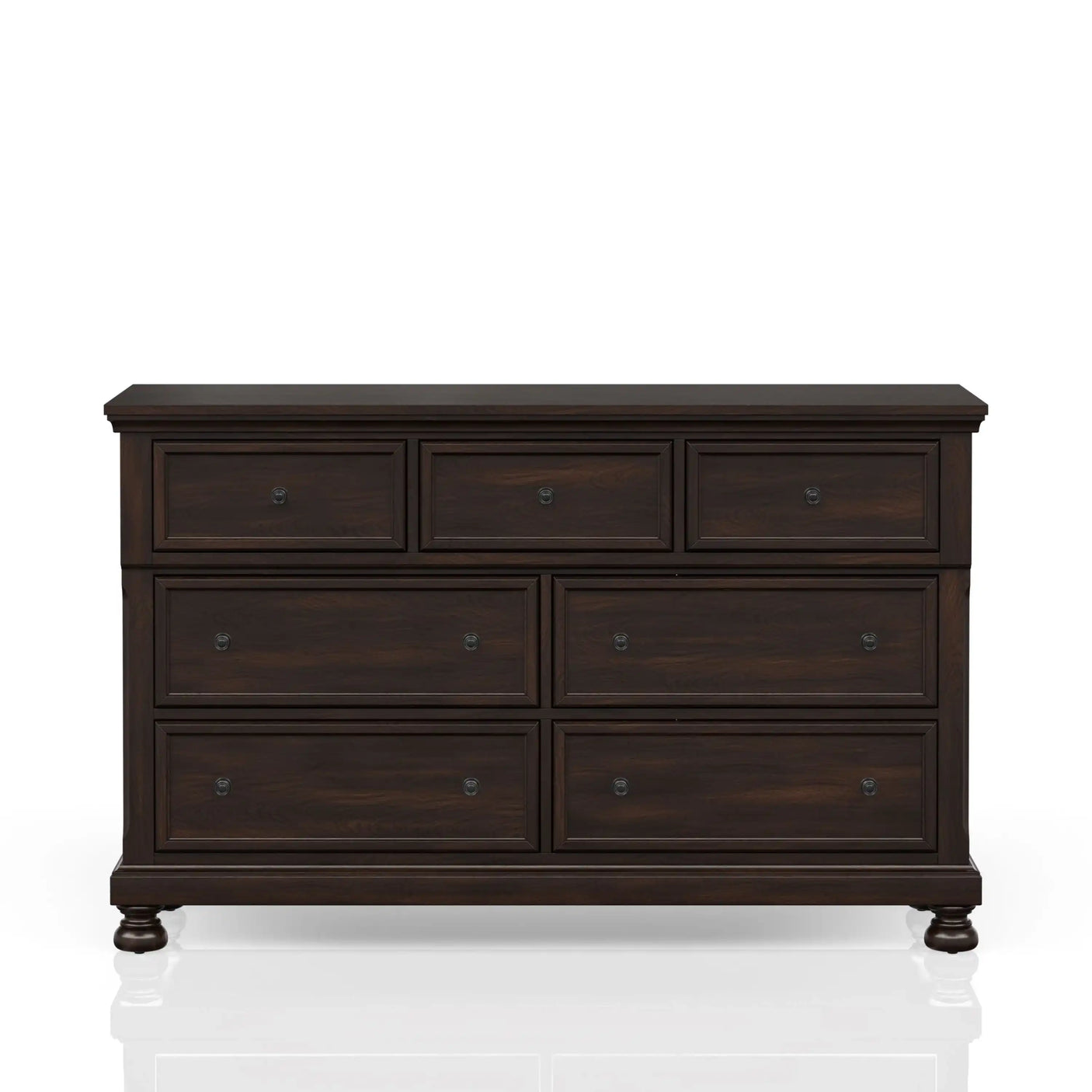 Dark wood dresser with seven drawers and vintage-style handles on white background