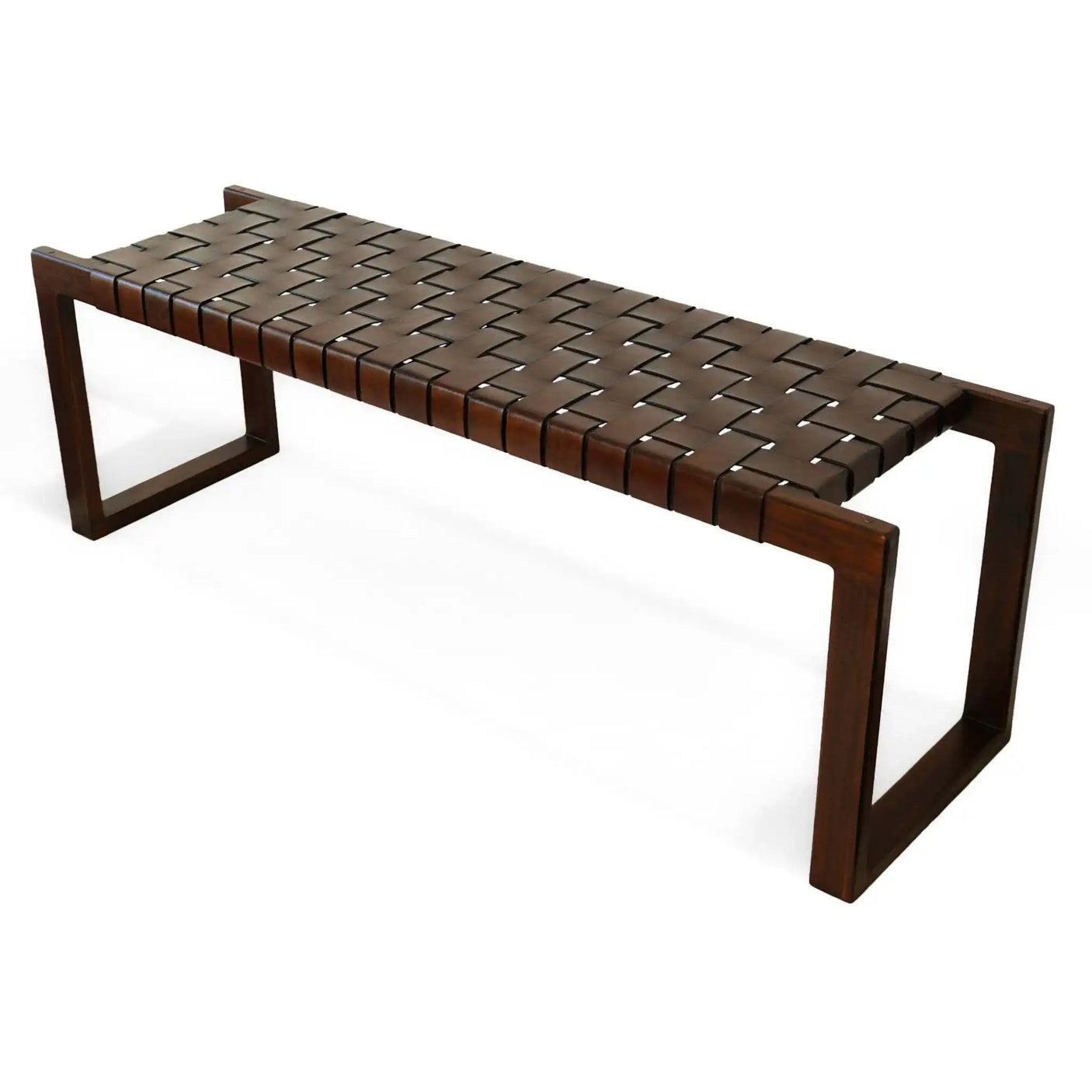 Modern wood bench with dark brown woven leather seat on white background