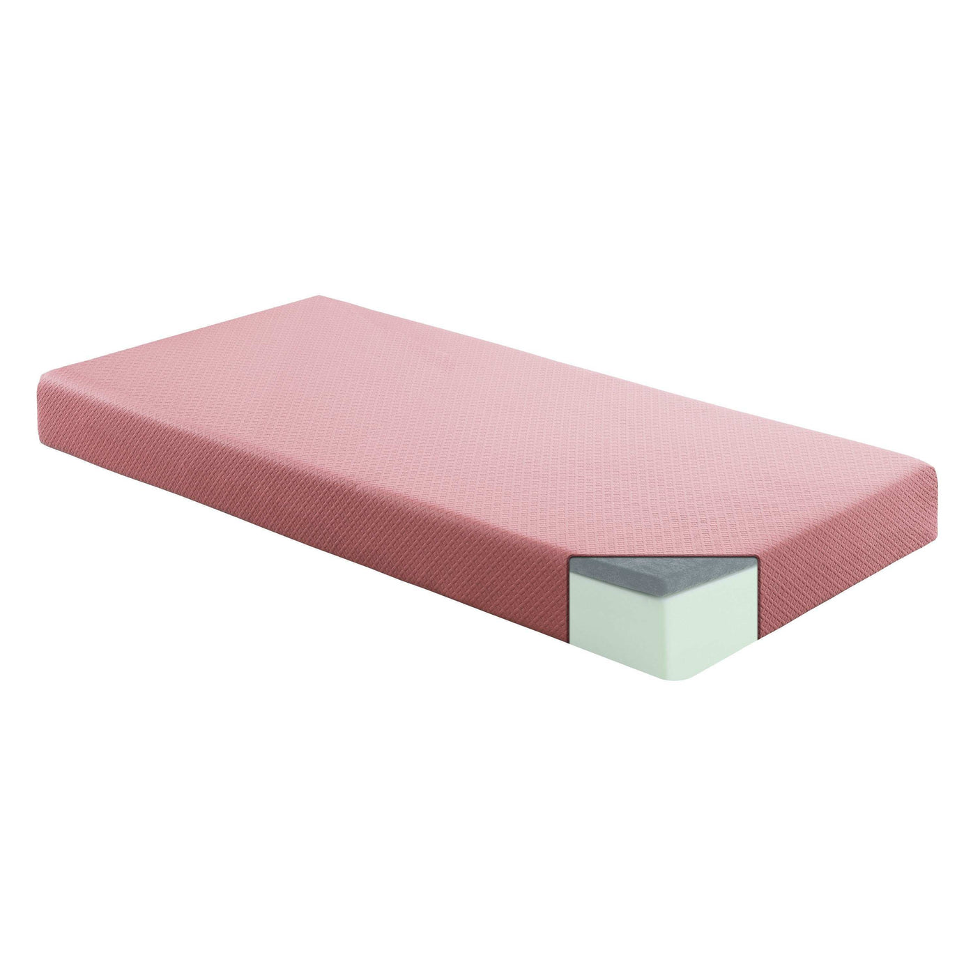 Pink foam mattress with a corner cutaway showing layered structure on white background