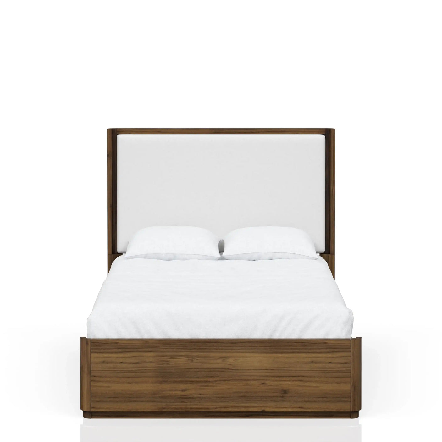 Queen Bed, White Fabric Upholstered Headboard, Walnut