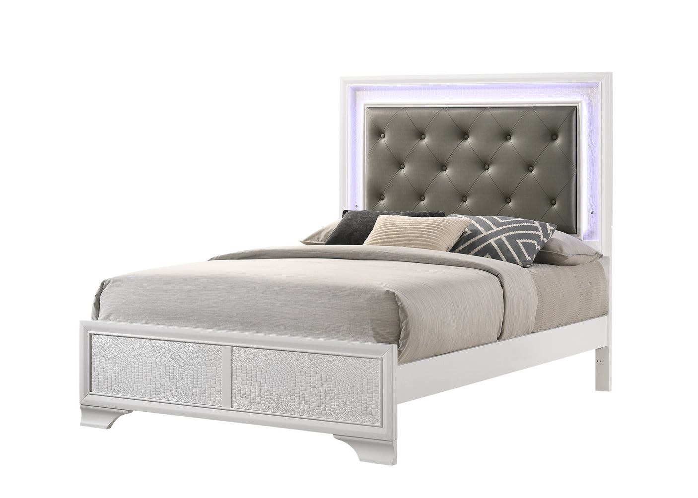 Glam Twin Bed, Crocodile Skin, LED Panel, Faux Diamond Tufted Headboard, White